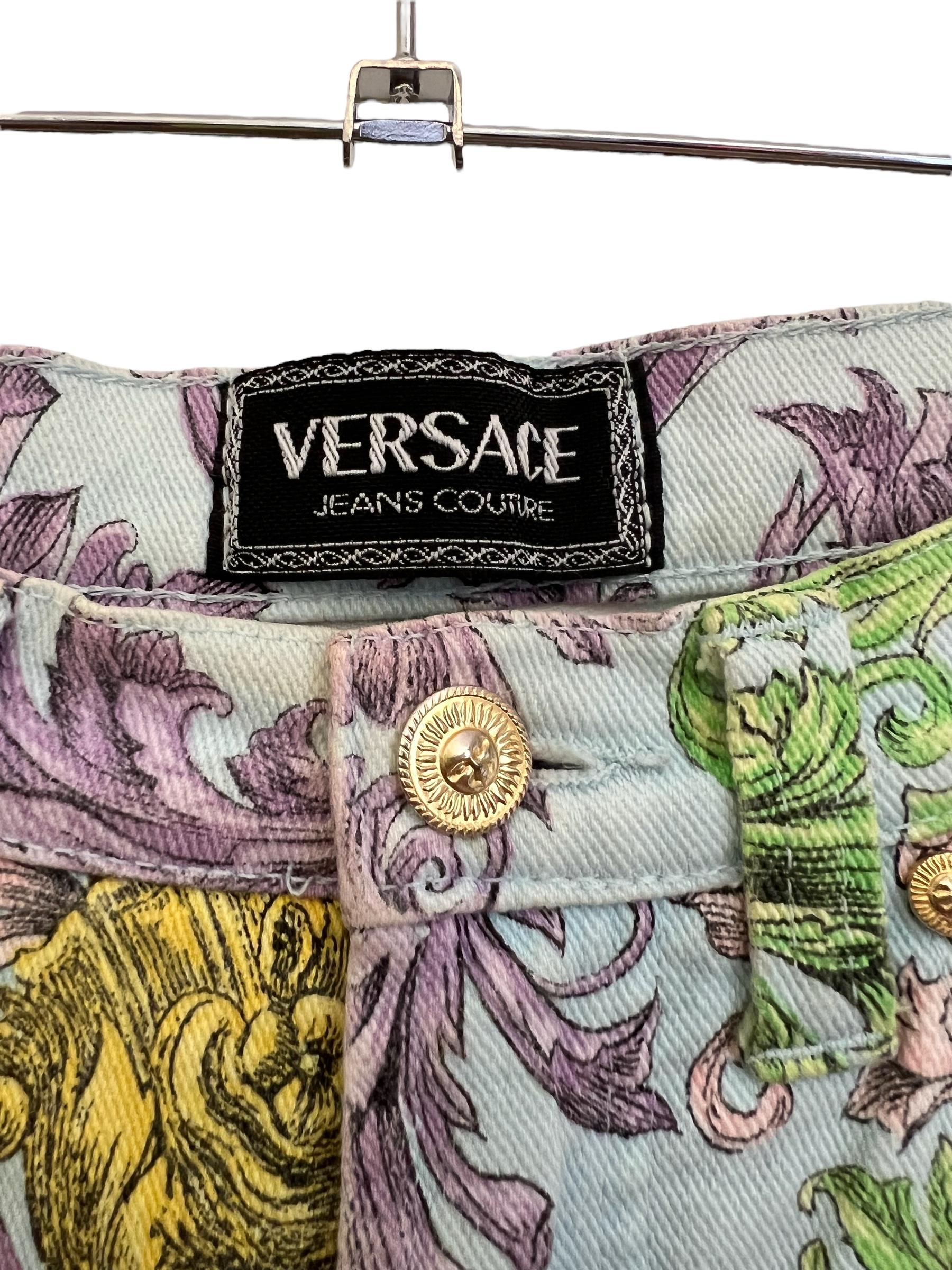 Women's or Men's Pastel 1990's Vintage Gianni Versace Baroque Rococo High Waisted Jeans  For Sale