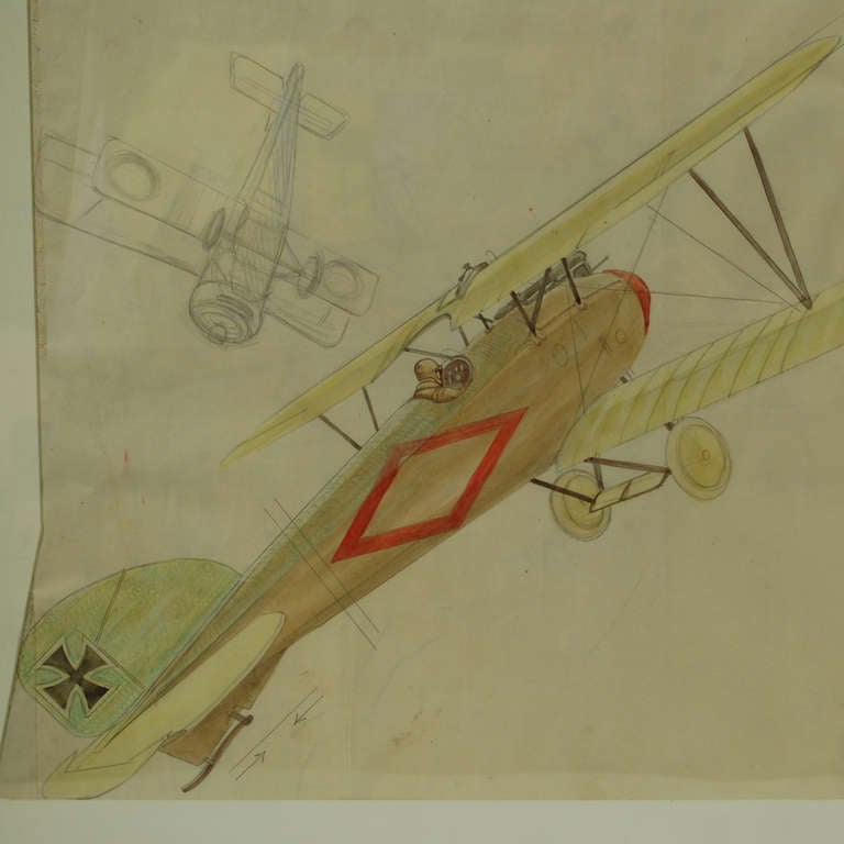 Pastell- und Bleistiftzeichnung von Riccardo Cavigioli, die einen einsitzigen Doppeldecker Albatros DV A darstellt, der seit Juli 1917 eingesetzt und bis Mai 1918 in zahlreichen Exemplaren produziert wurde. Flugzeug mit einem 185er Motor und einer