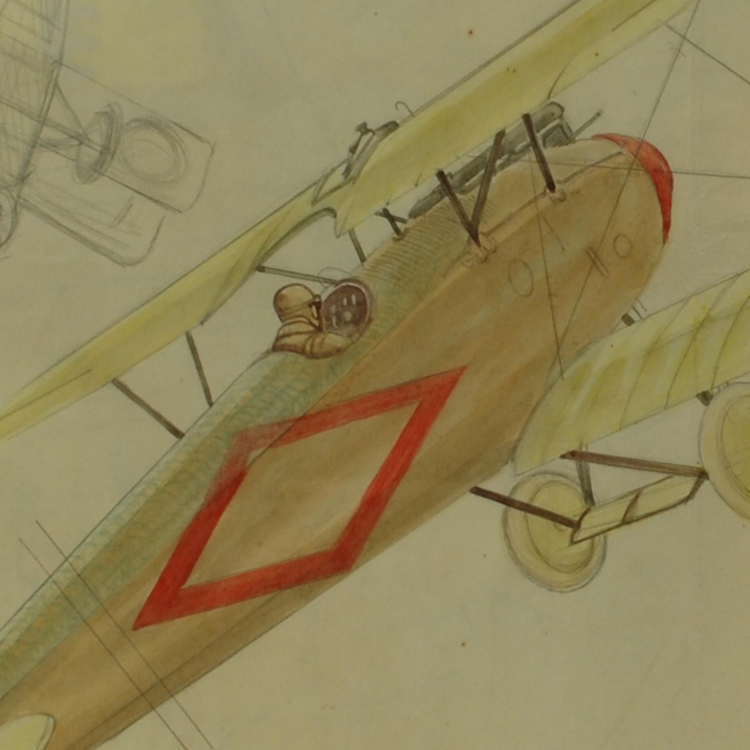 Italiano Disegno d'aviazione a pastello e matita di Riccardo Cavigioli raffigurante un Albatros in vendita