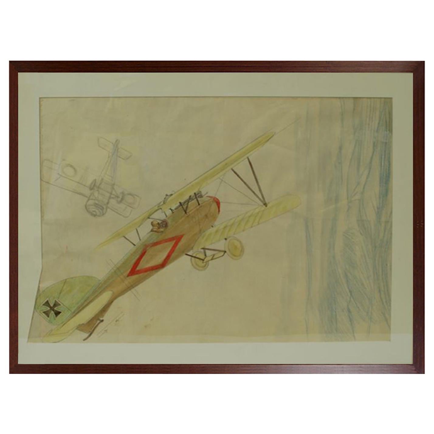 Pastel and Pencil Aviation Drawing by Riccardo Cavigioli Depicting an Albatros For Sale