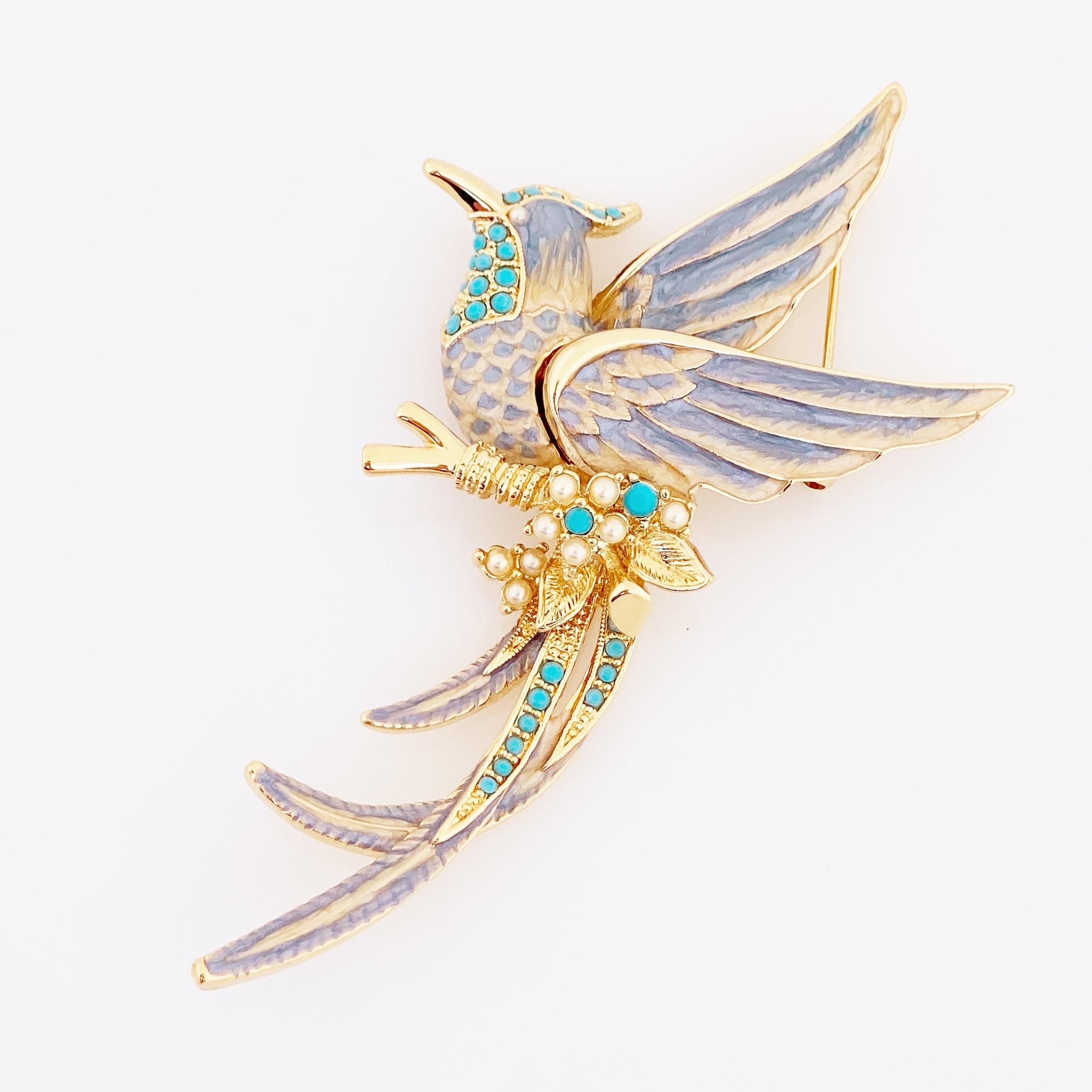 Modern Pastel Bird of Paradise Brooch With Turquoise Accents By Nolan Miller, 1990s