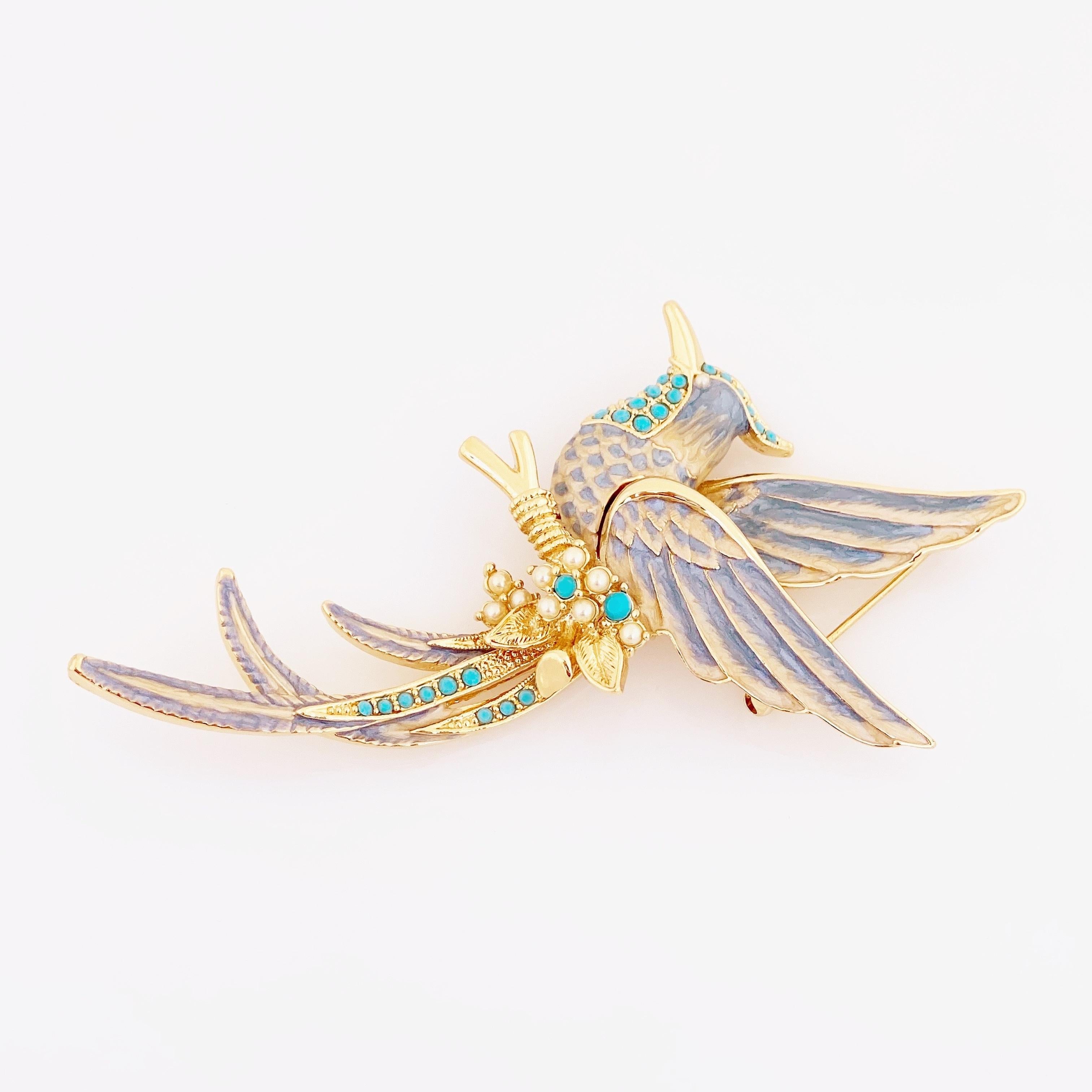 Pastel Bird of Paradise Brooch With Turquoise Accents By Nolan Miller, 1990s In Good Condition In McKinney, TX