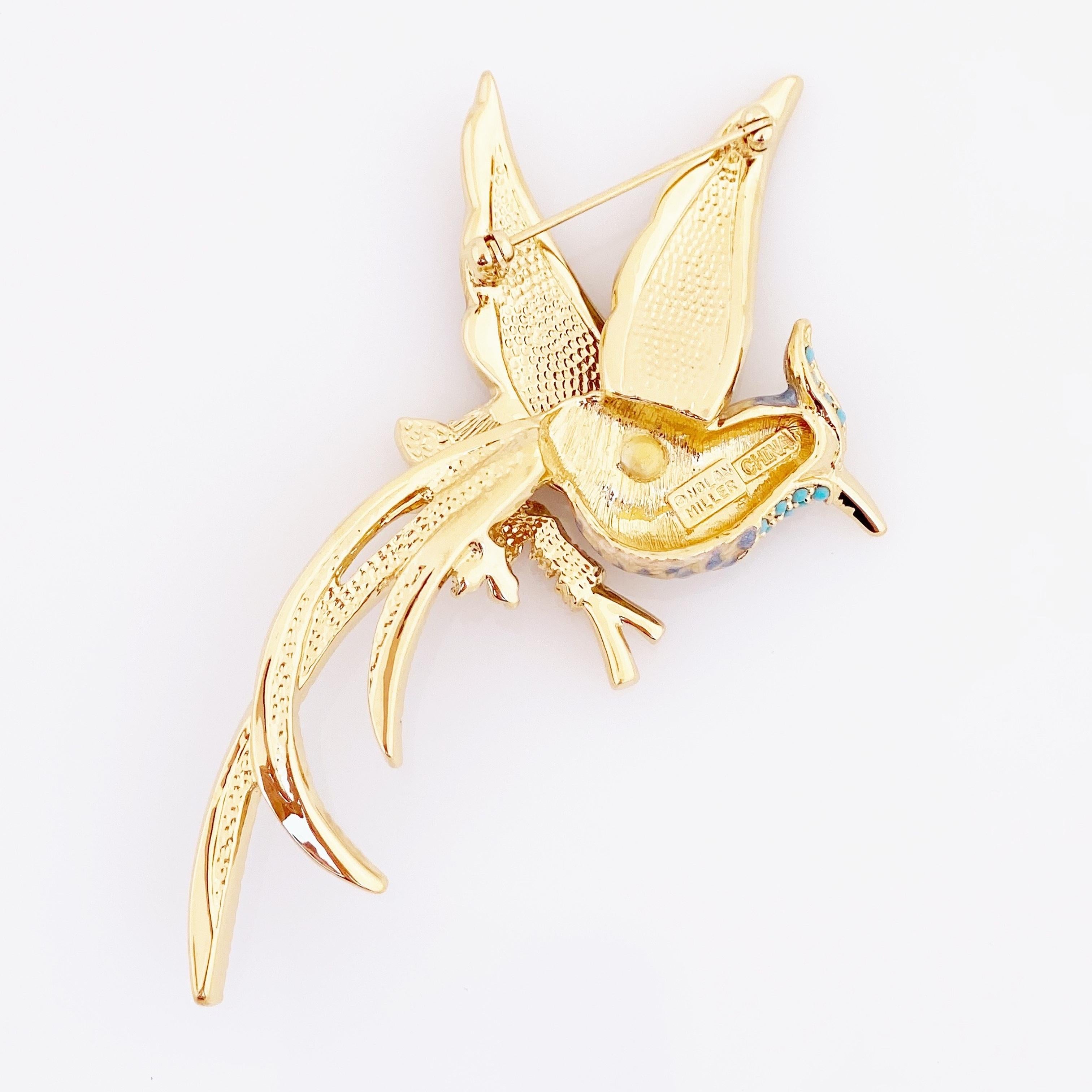 Women's Pastel Bird of Paradise Brooch With Turquoise Accents By Nolan Miller, 1990s