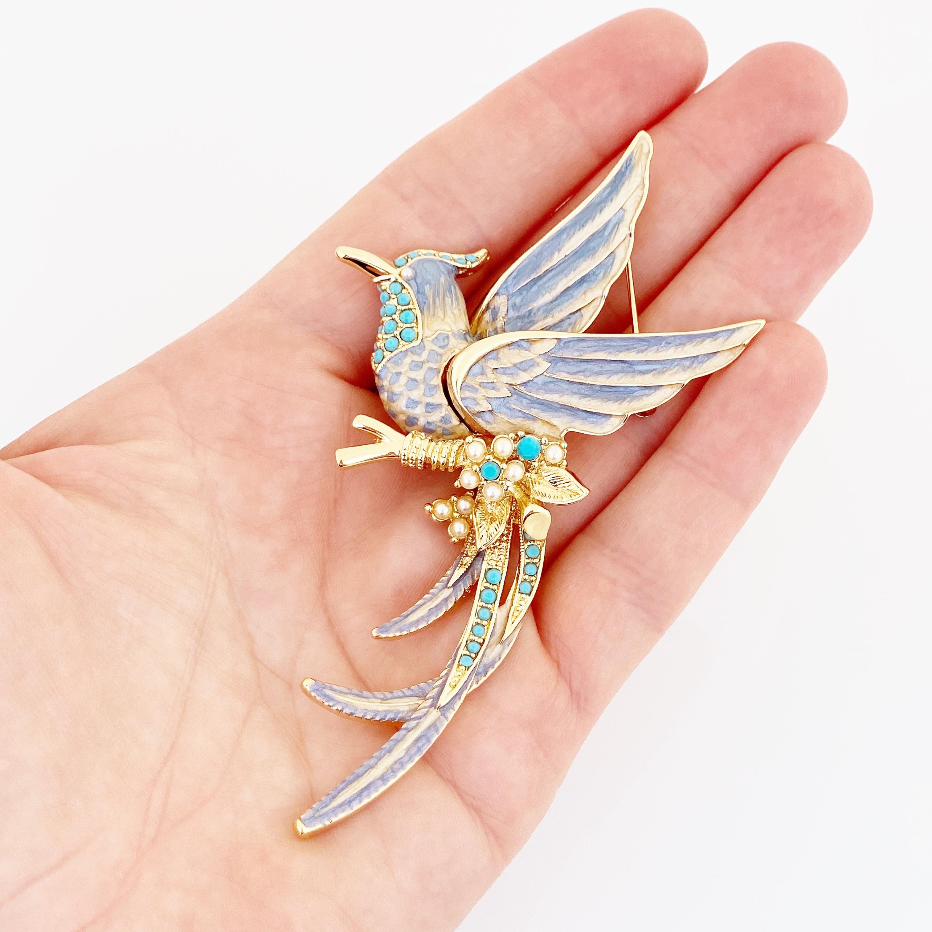 Pastel Bird of Paradise Brooch With Turquoise Accents By Nolan Miller, 1990s 1