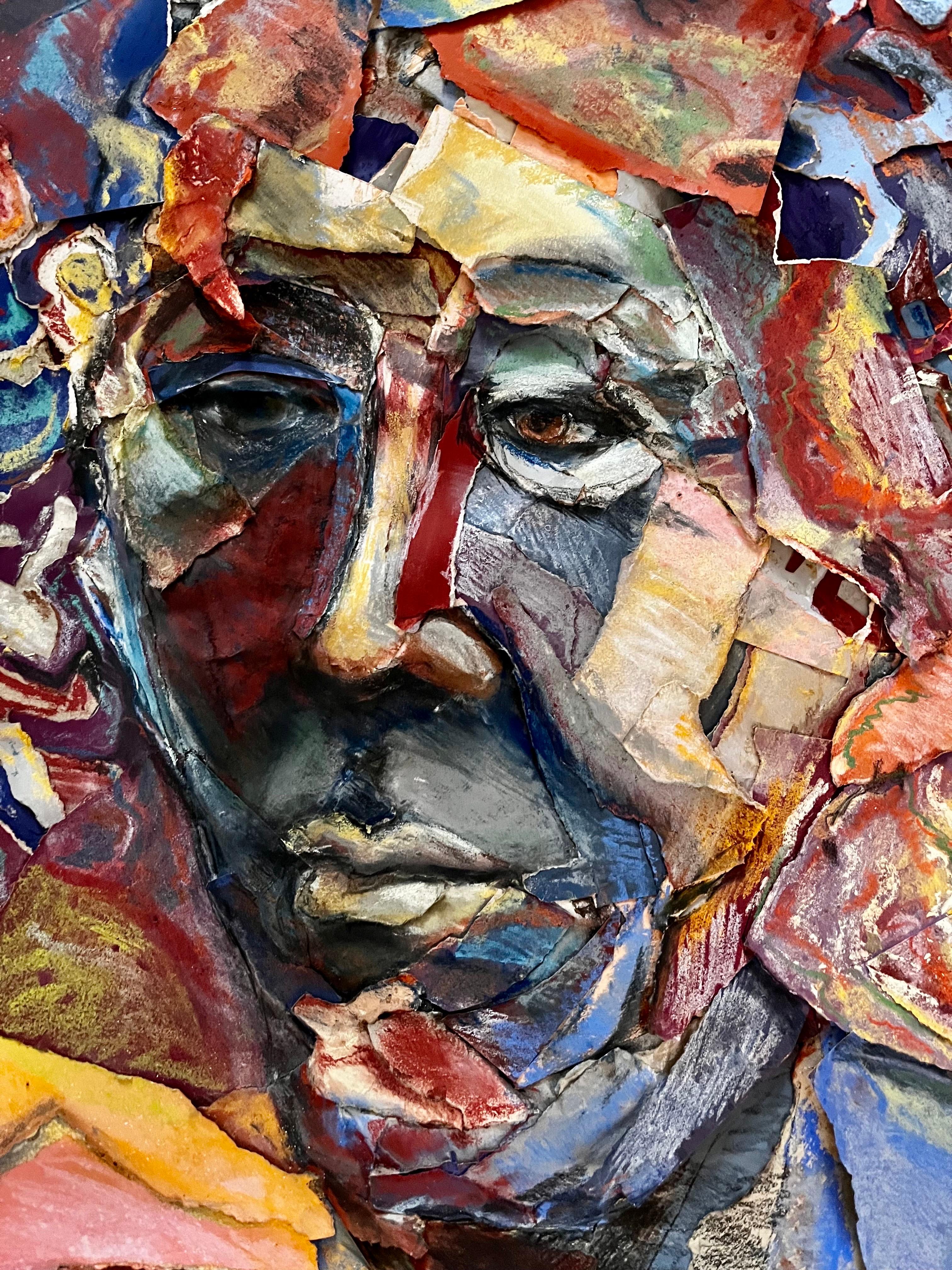 Américain Collage au pastel du portrait de 