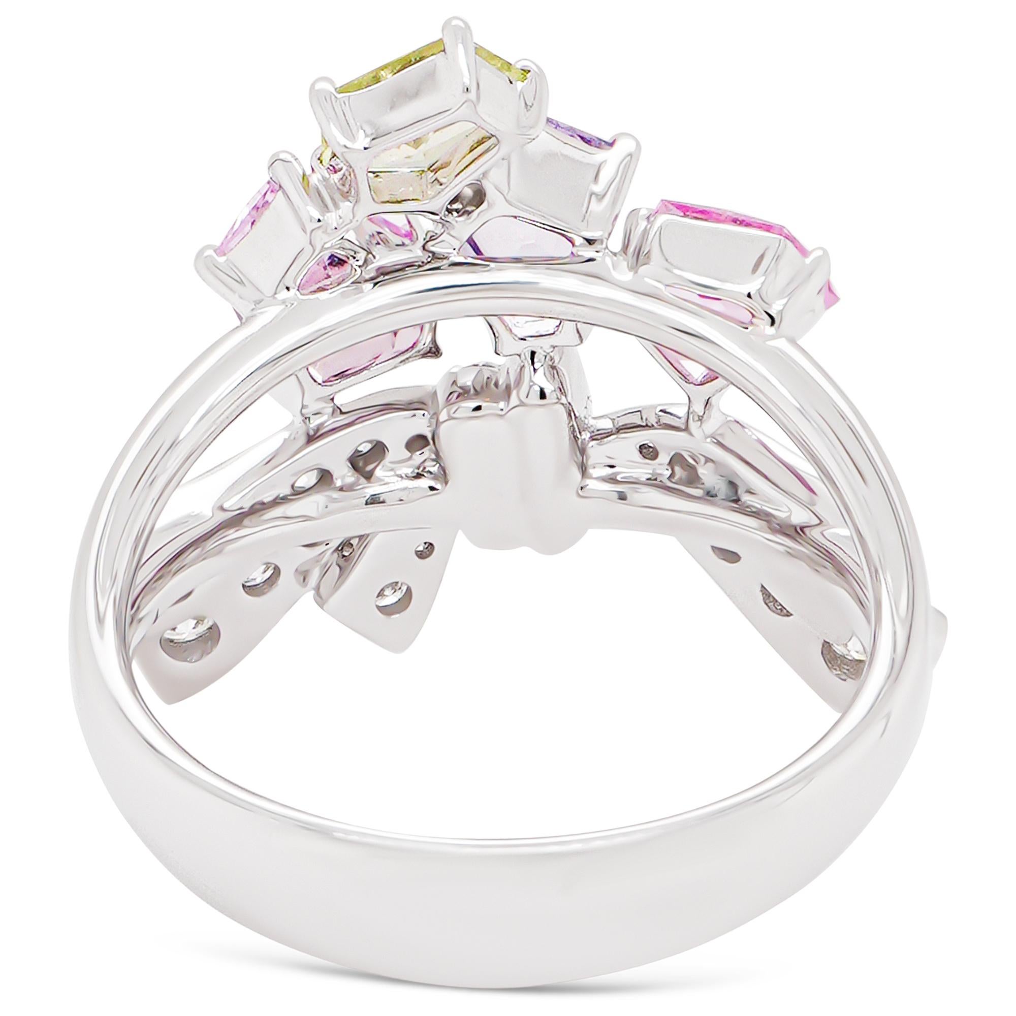Art Nouveau Pastel Color Pentagon Shaped No Heat Sapphire 1.60 Carat Edgy 18K Bow Ring For Sale