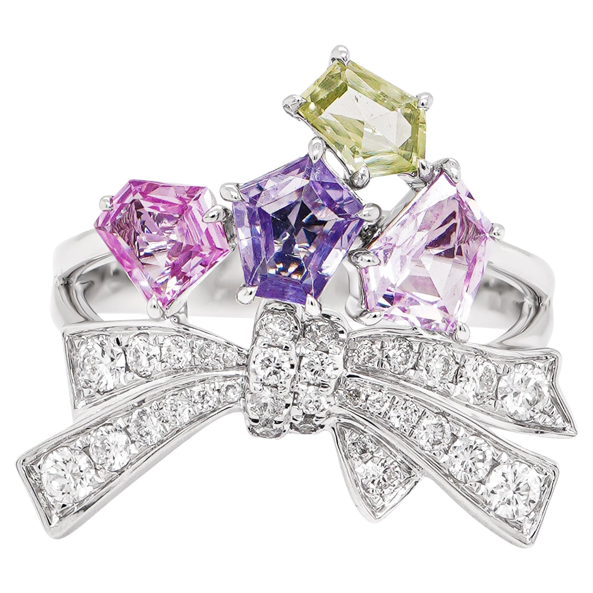 Pastel Color Pentagon Shaped No Heat Sapphire 1.60 Carat Edgy 18K Bow Ring For Sale