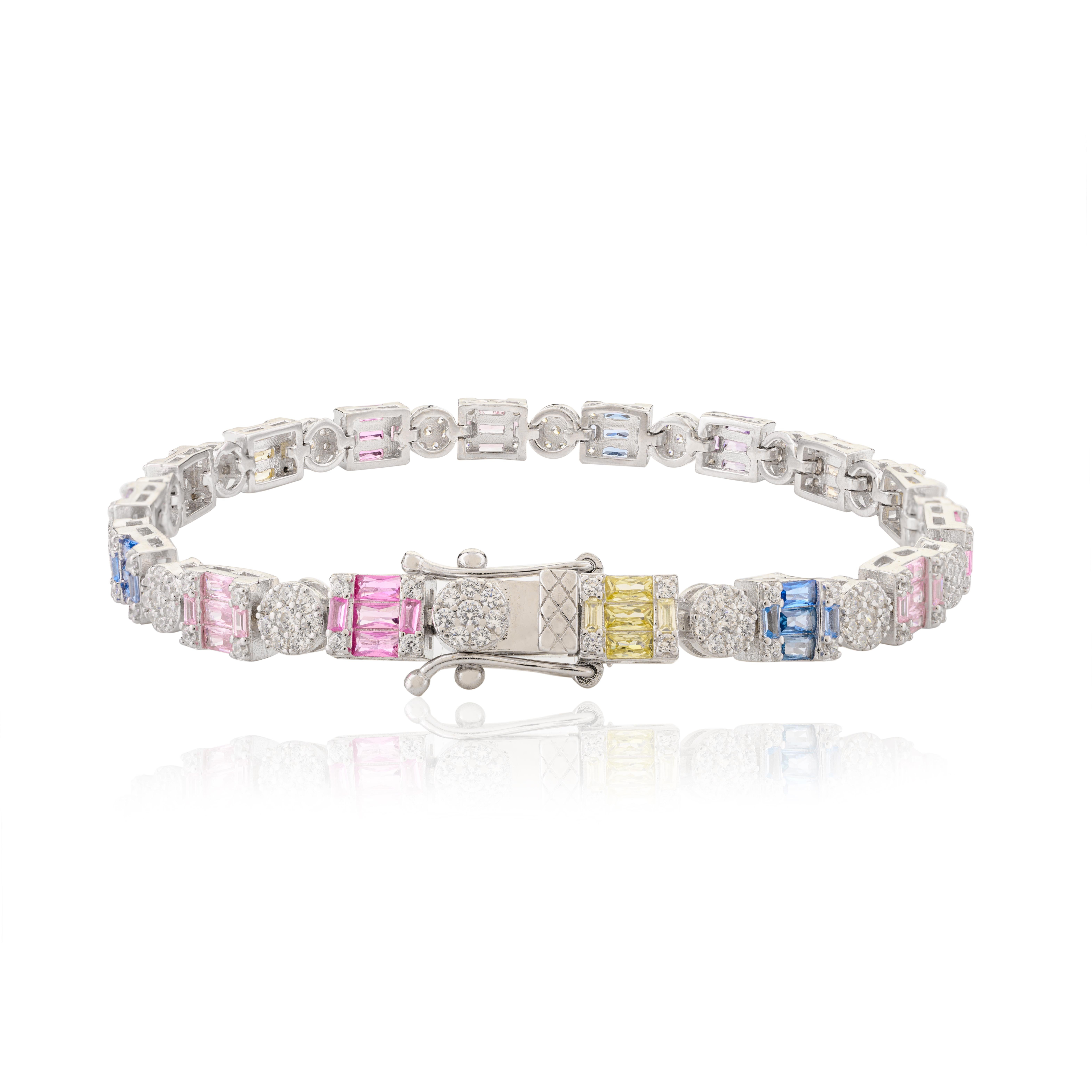 Moderne Bracelet tennis d'anniversaire pour mère en argent sterling et zircon de couleur pastel en vente