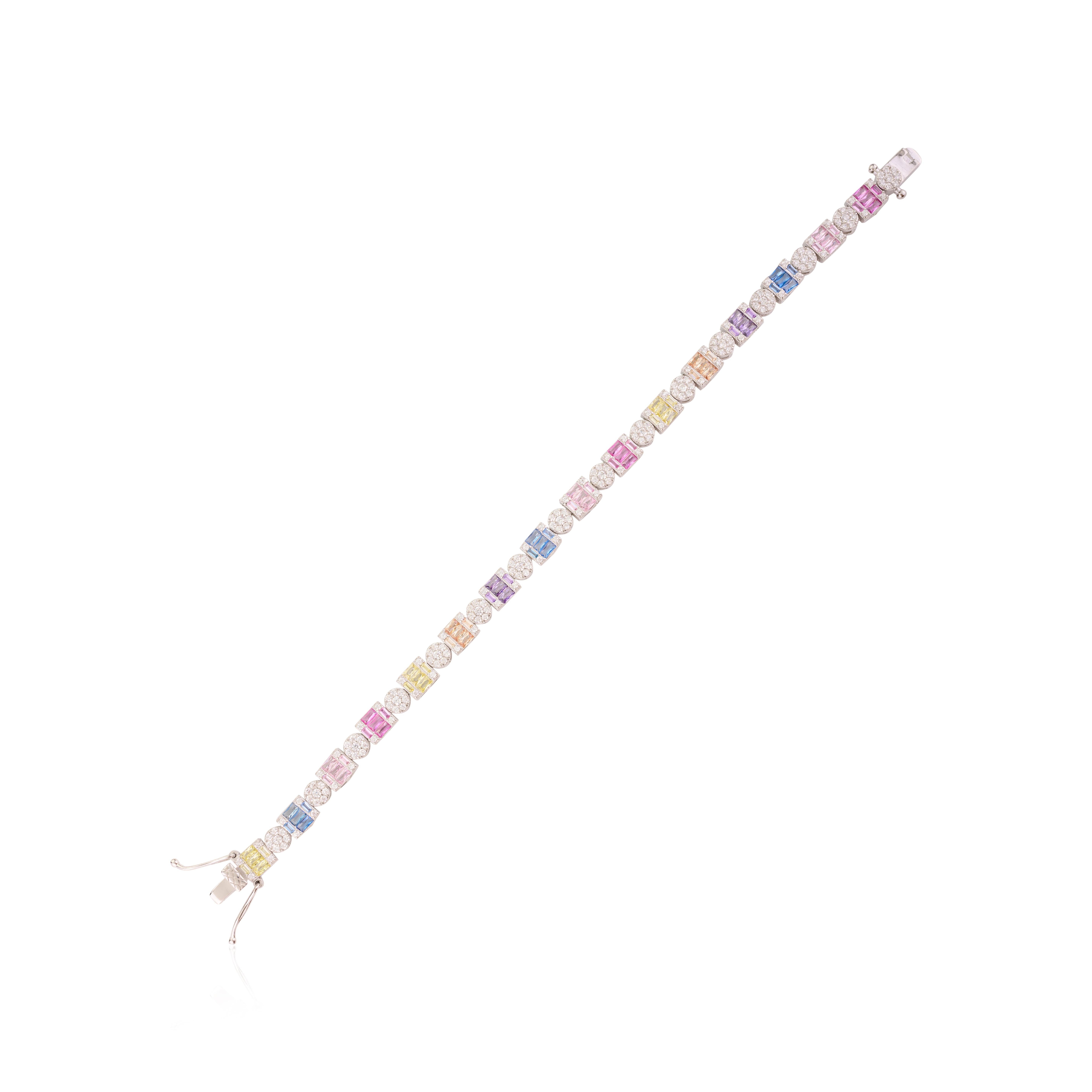 Bracelet tennis d'anniversaire pour mère en argent sterling et zircon de couleur pastel Neuf - En vente à New York, NY