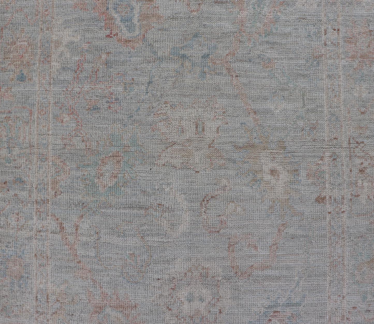 Pastel Colored Hand-Knotted Modern Oushak with Light Blue-Gray Background For Sale 4