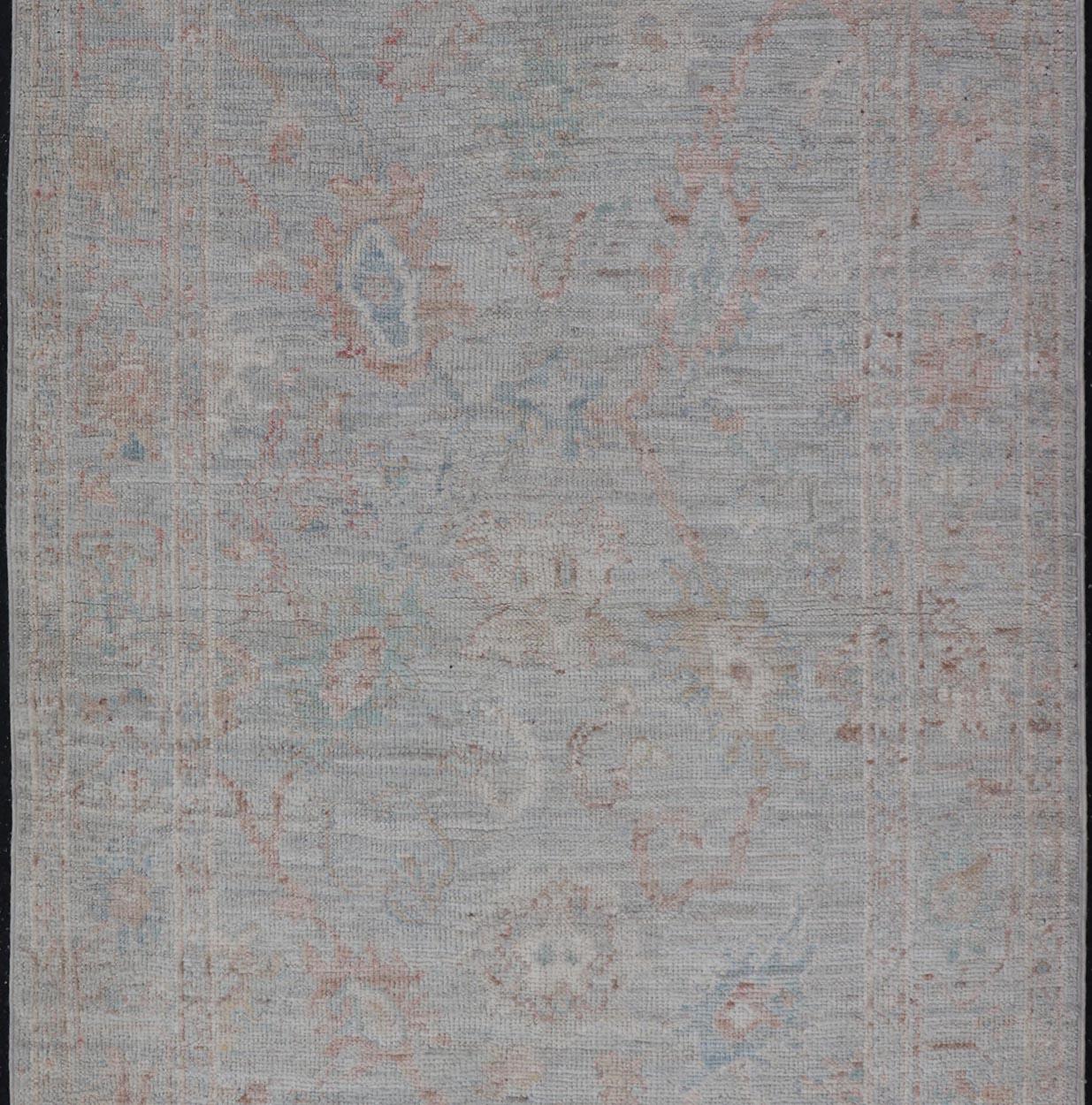 Pastel Colored Hand-Knotted Modern Oushak with Light Blue-Gray Background In New Condition For Sale In Atlanta, GA