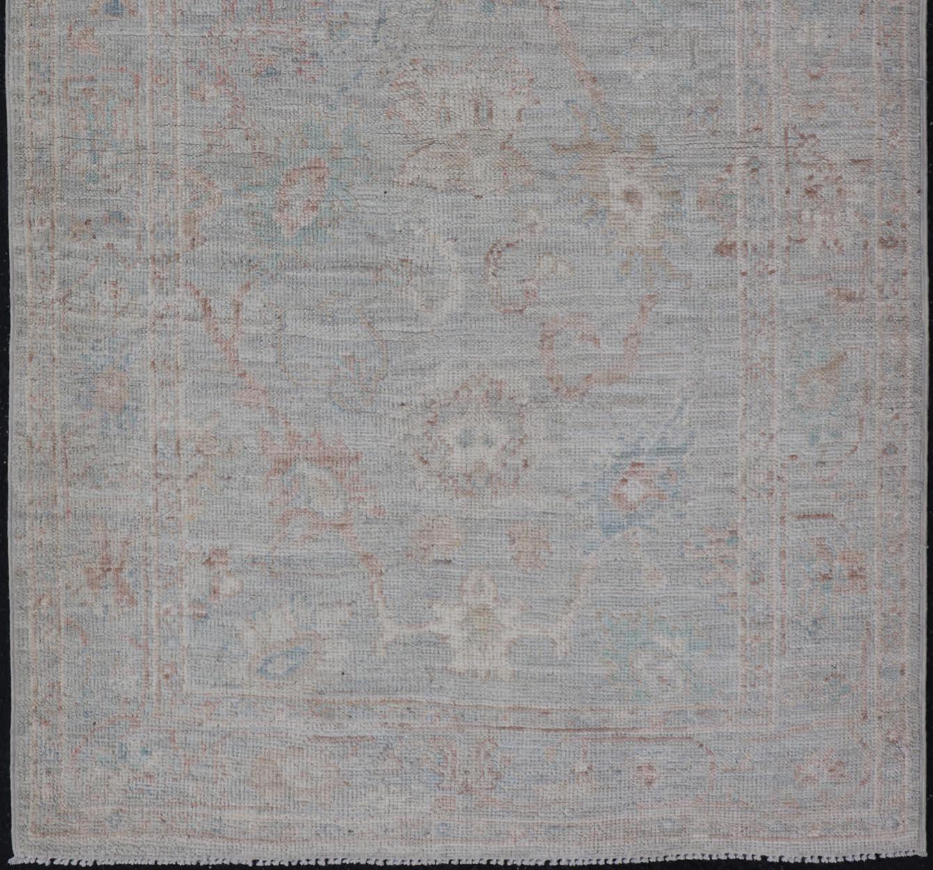 Contemporary Pastel Colored Hand-Knotted Modern Oushak with Light Blue-Gray Background For Sale