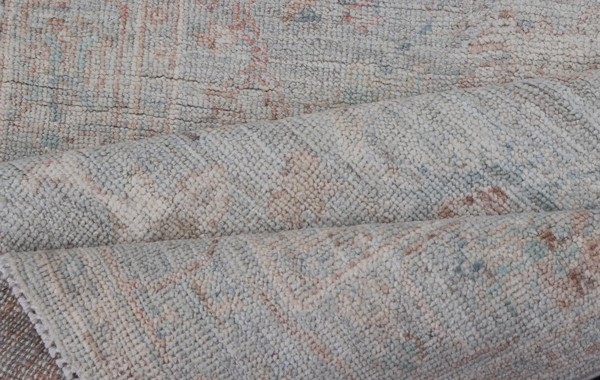 Pastel Colored Hand-Knotted Modern Oushak with Light Blue-Gray Background For Sale 1