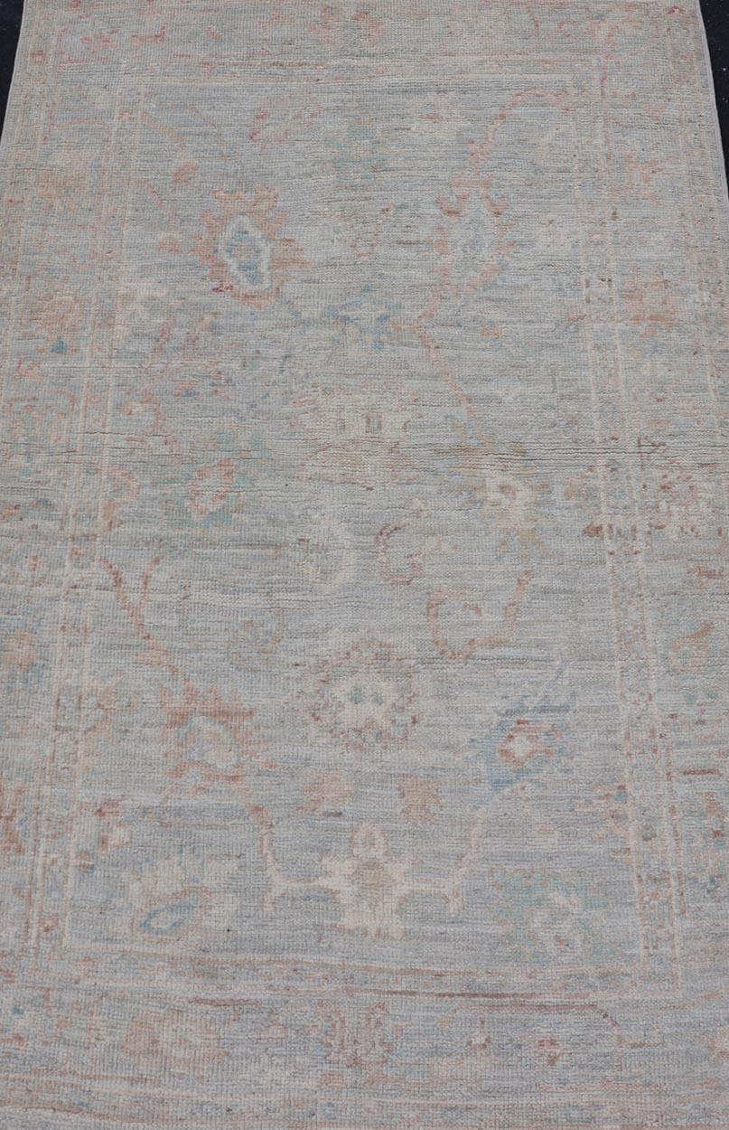 Pastel Colored Hand-Knotted Modern Oushak with Light Blue-Gray Background For Sale 2