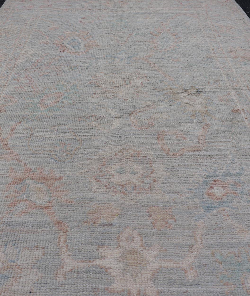 Pastel Colored Hand-Knotted Modern Oushak with Light Blue-Gray Background For Sale 3
