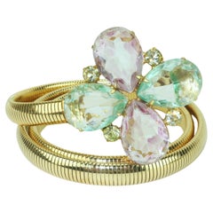 Vintage Pastel Crystal Flower Gold Metal Mesh Stretch Belt, 1960’s