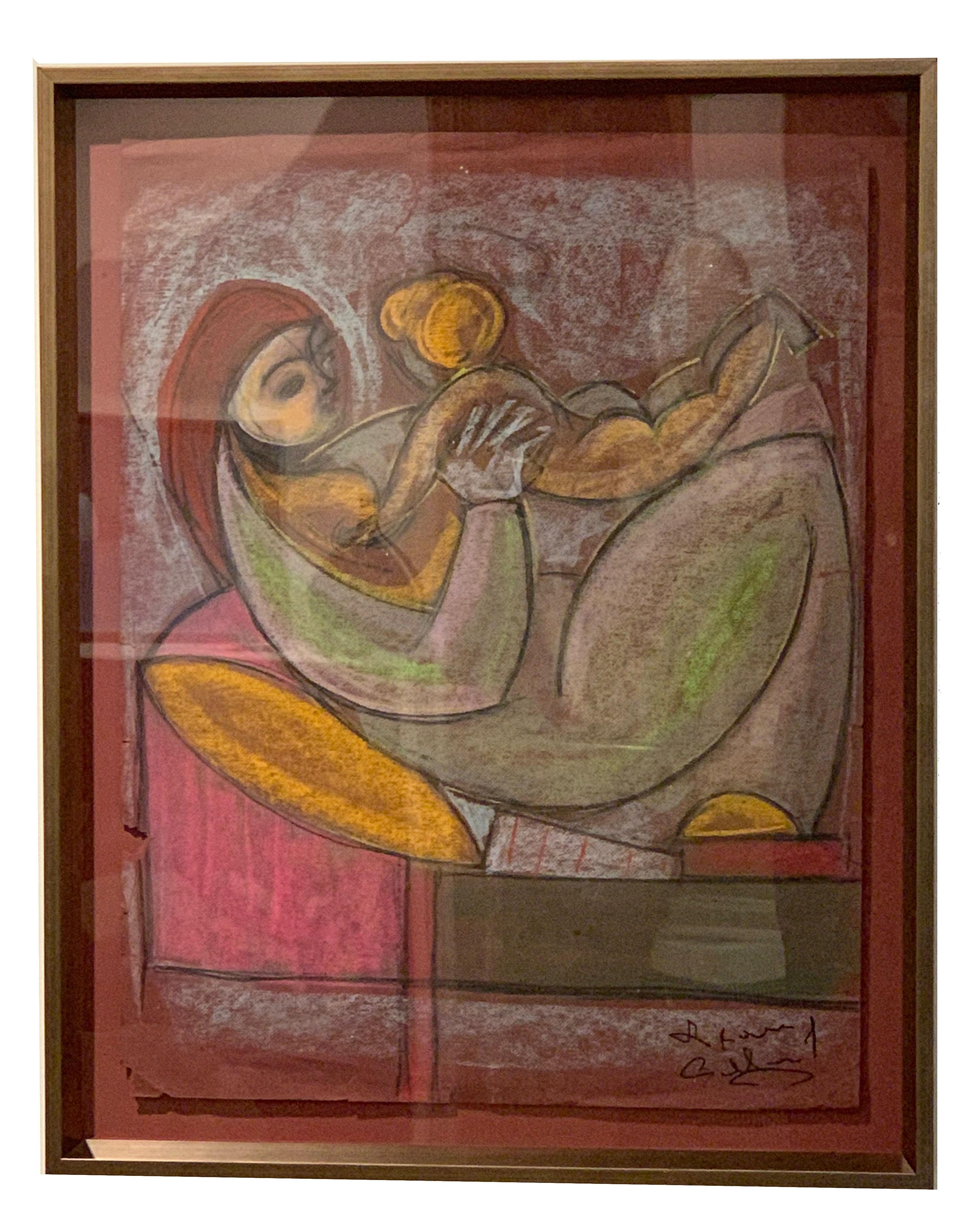 Pastel Drawing of Mother Child on Paper by Leon Pierre Collard In Good Condition For Sale In San Diego, CA