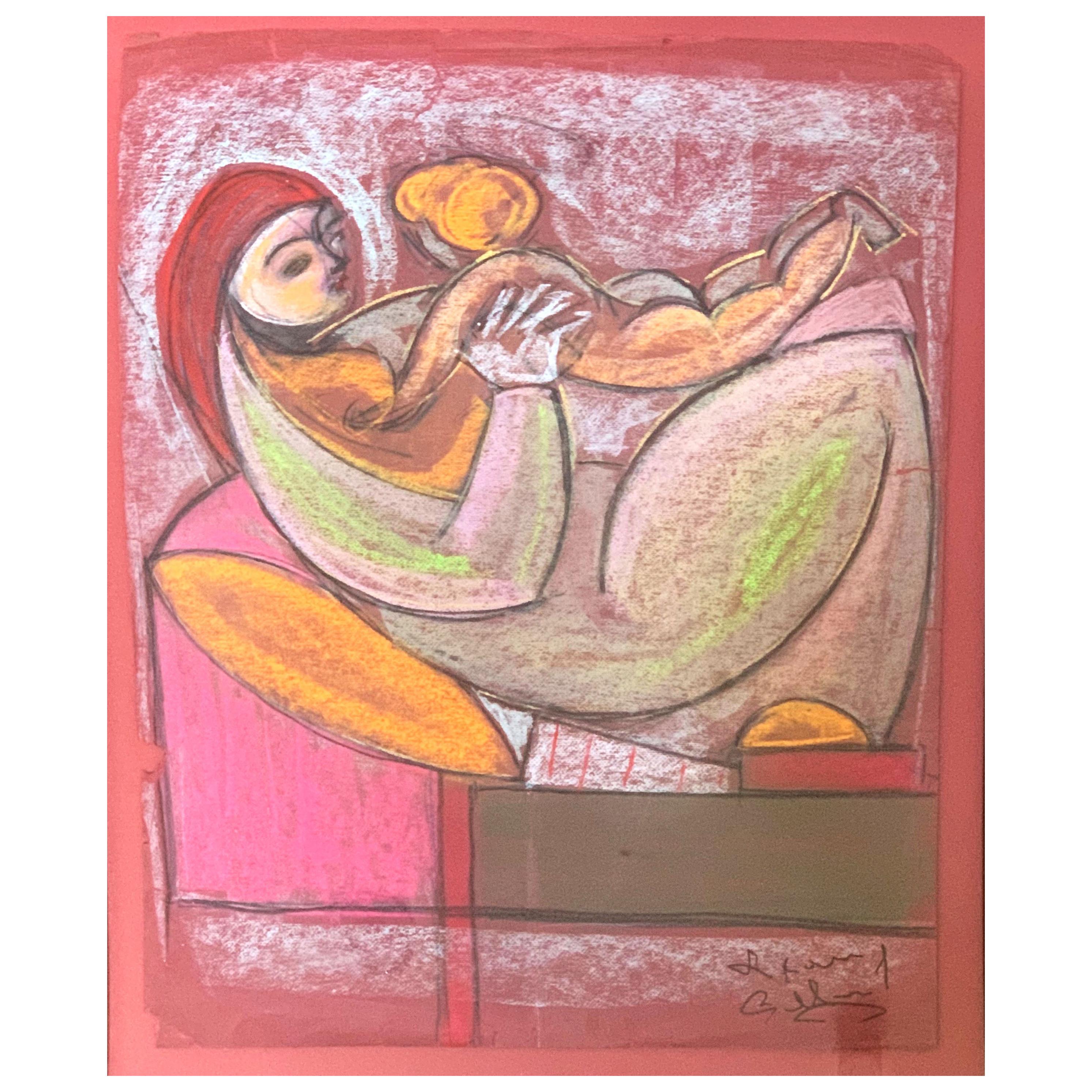 Disegno a pastello di Madre & Bambino su carta di Leon Pierre Collard
