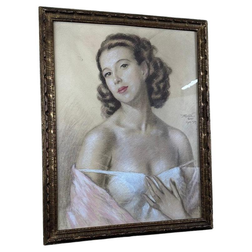 Elegant Pastel Female Portrait, Wood Frame, 1939, 20th Century Art