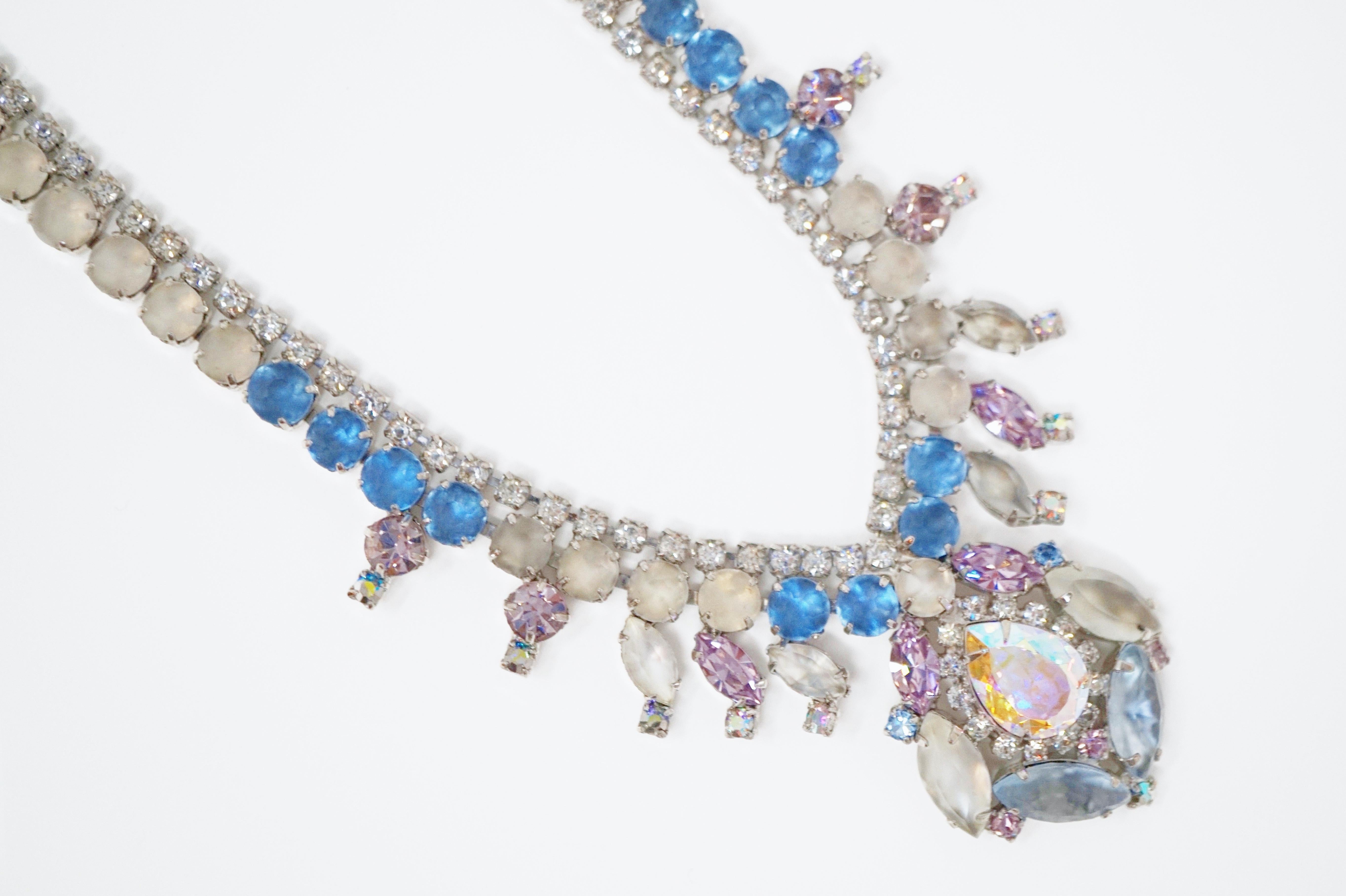 Pastel Frosted Rhinestone Statement Necklace by Hobé, Signed, circa 1957 In Excellent Condition In McKinney, TX