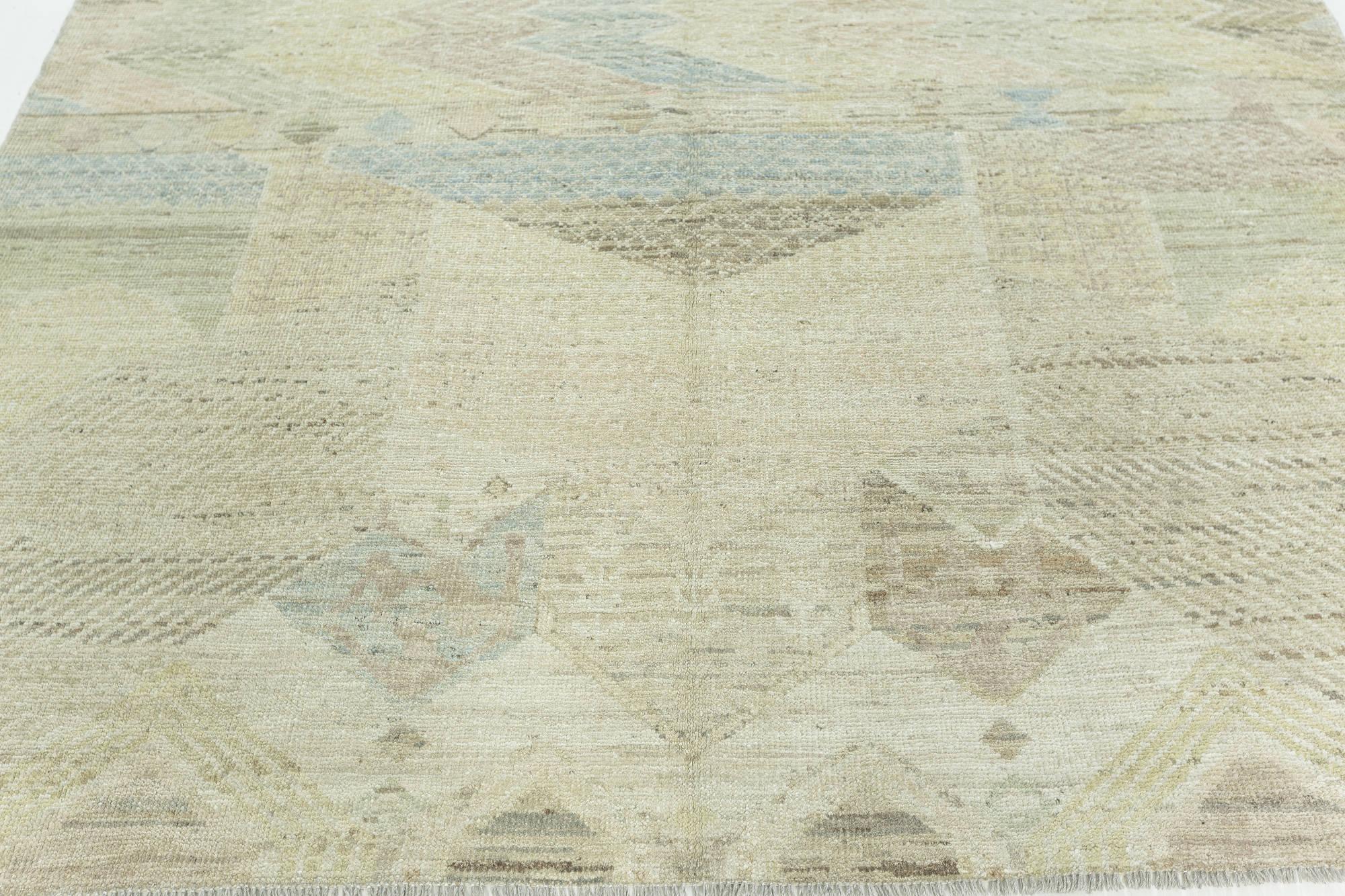 Pastellfarbene Geometrie: Moderner texturierter handgeknüpfter Wollteppich von Doris Leslie Blau (Handgeknüpft) im Angebot