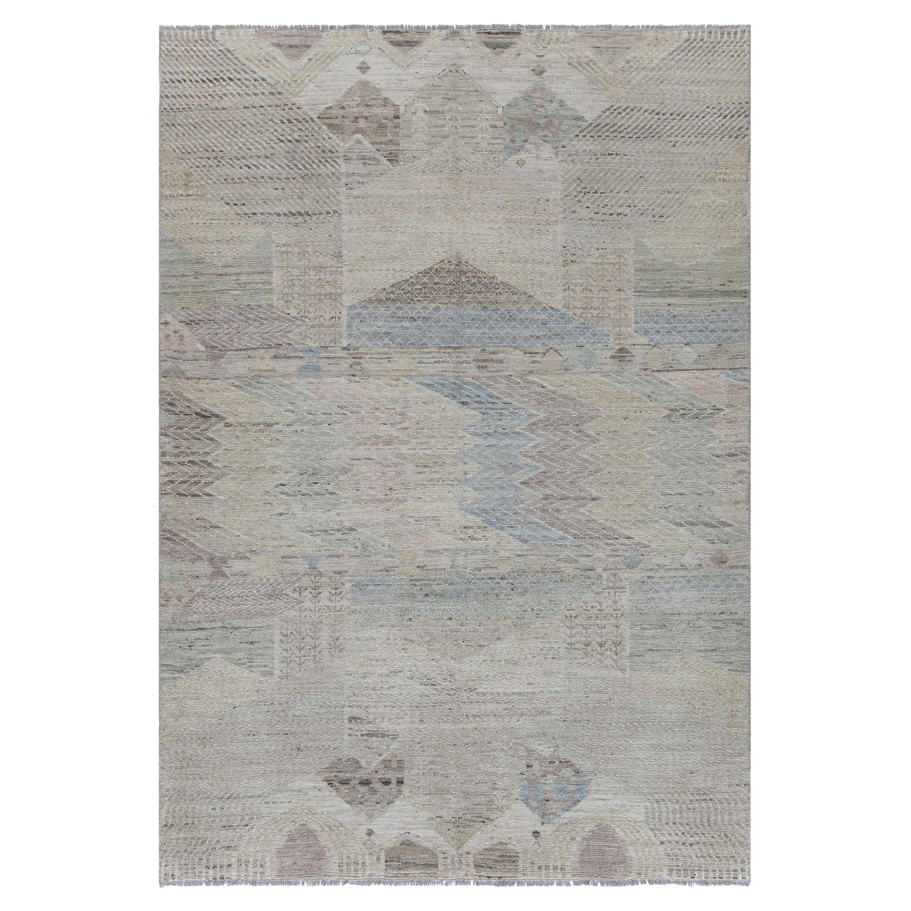 Pastellfarbene Geometrie: Moderner texturierter handgeknüpfter Wollteppich von Doris Leslie Blau im Angebot