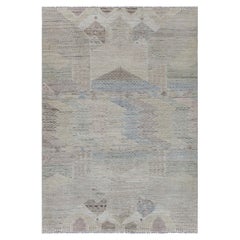 Pastellfarbene Geometrie: Moderner texturierter handgeknüpfter Wollteppich von Doris Leslie Blau