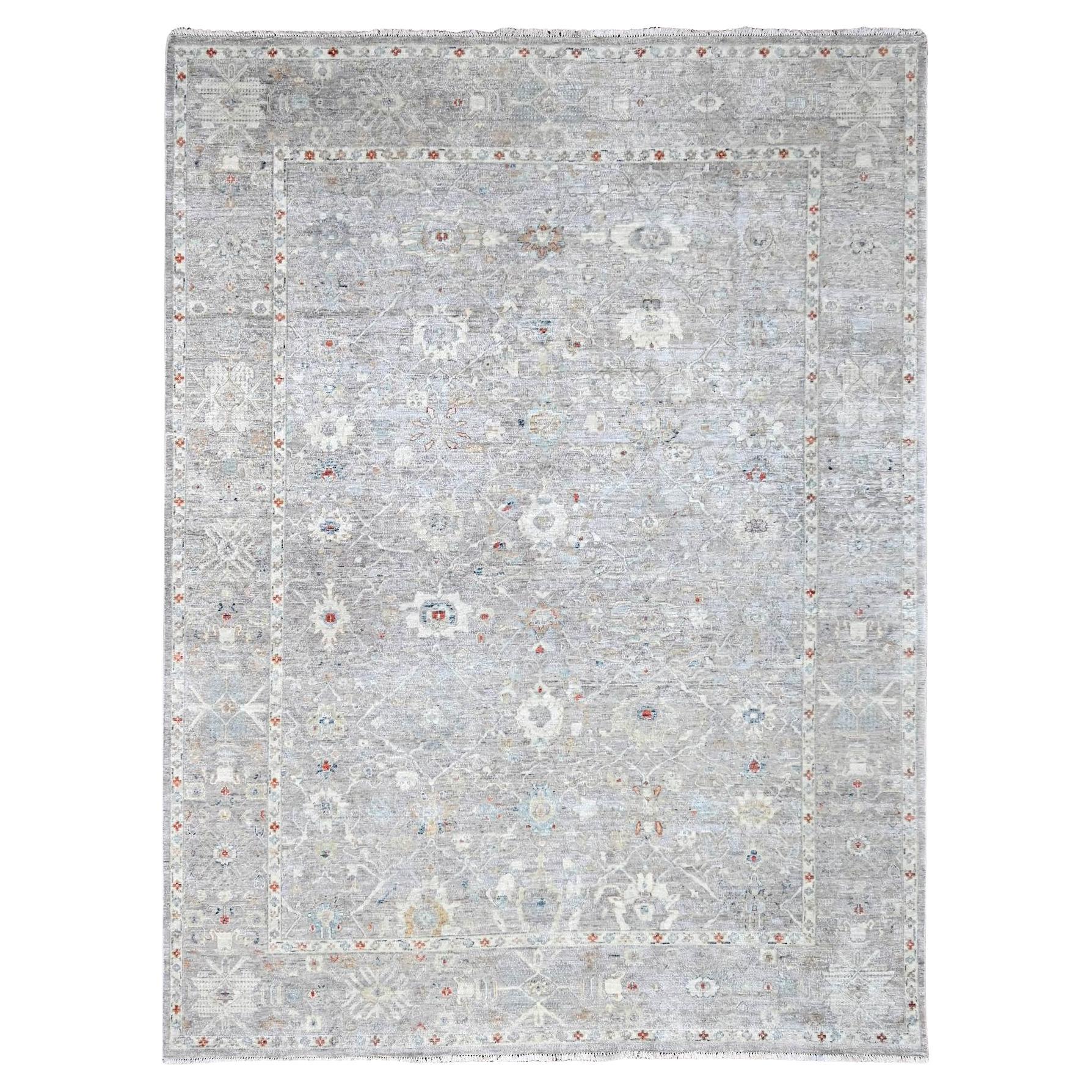 Pastel Gray Antiqued Tabriz Design Distressed Hand Knotted Wool Rug 9' x 11'9"