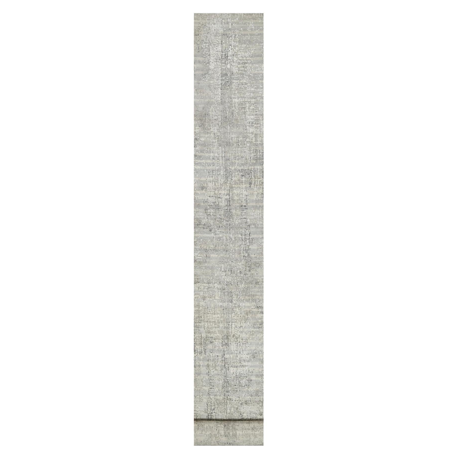 Handgeknüpfter, pastellgrauer und unbefärbter Orientteppich aus reiner Wolle, modernes Design XL Läufer