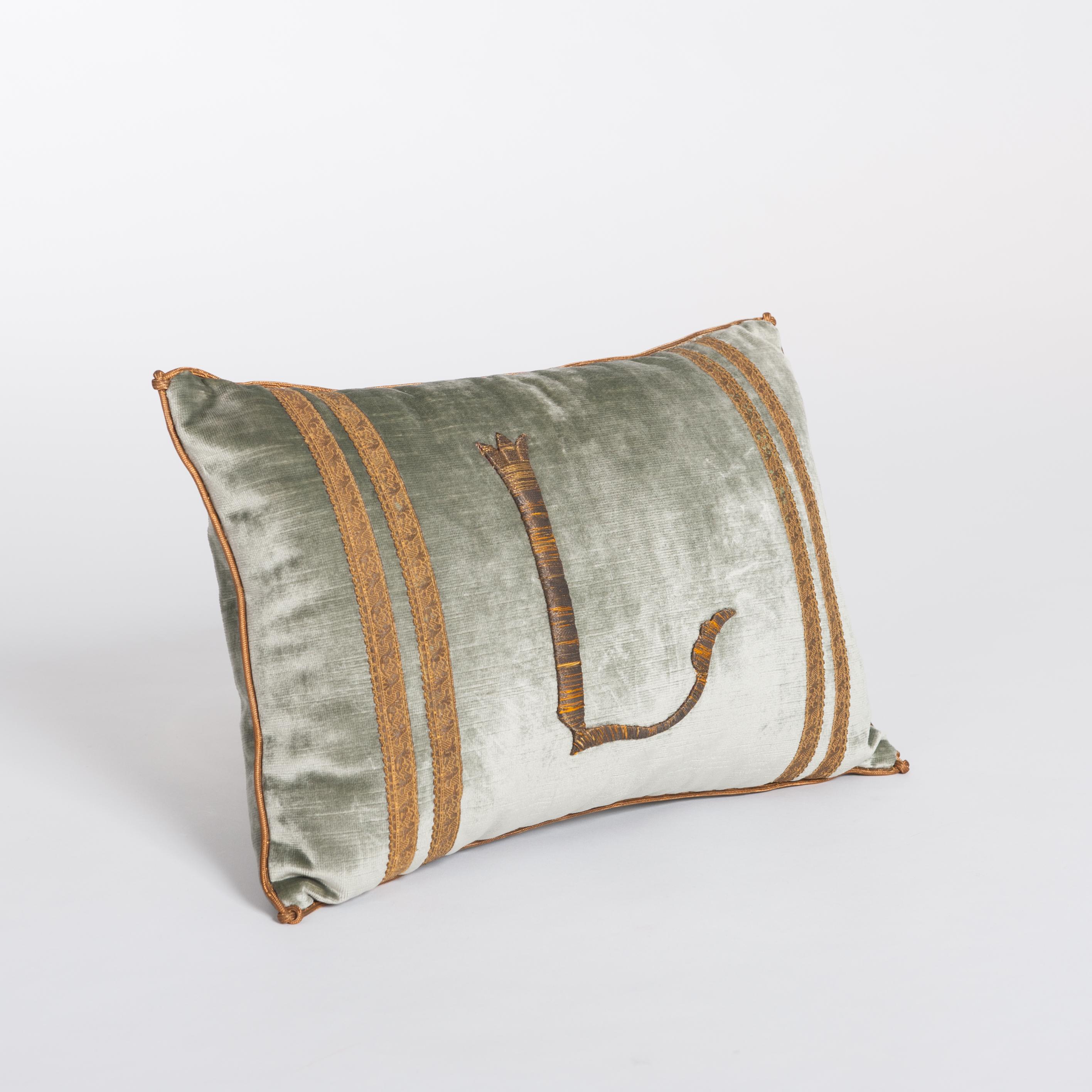 Romantic Pastel Green Colored Velvet Pillow with Antique Metallic Embroidery 19th Century For Sale