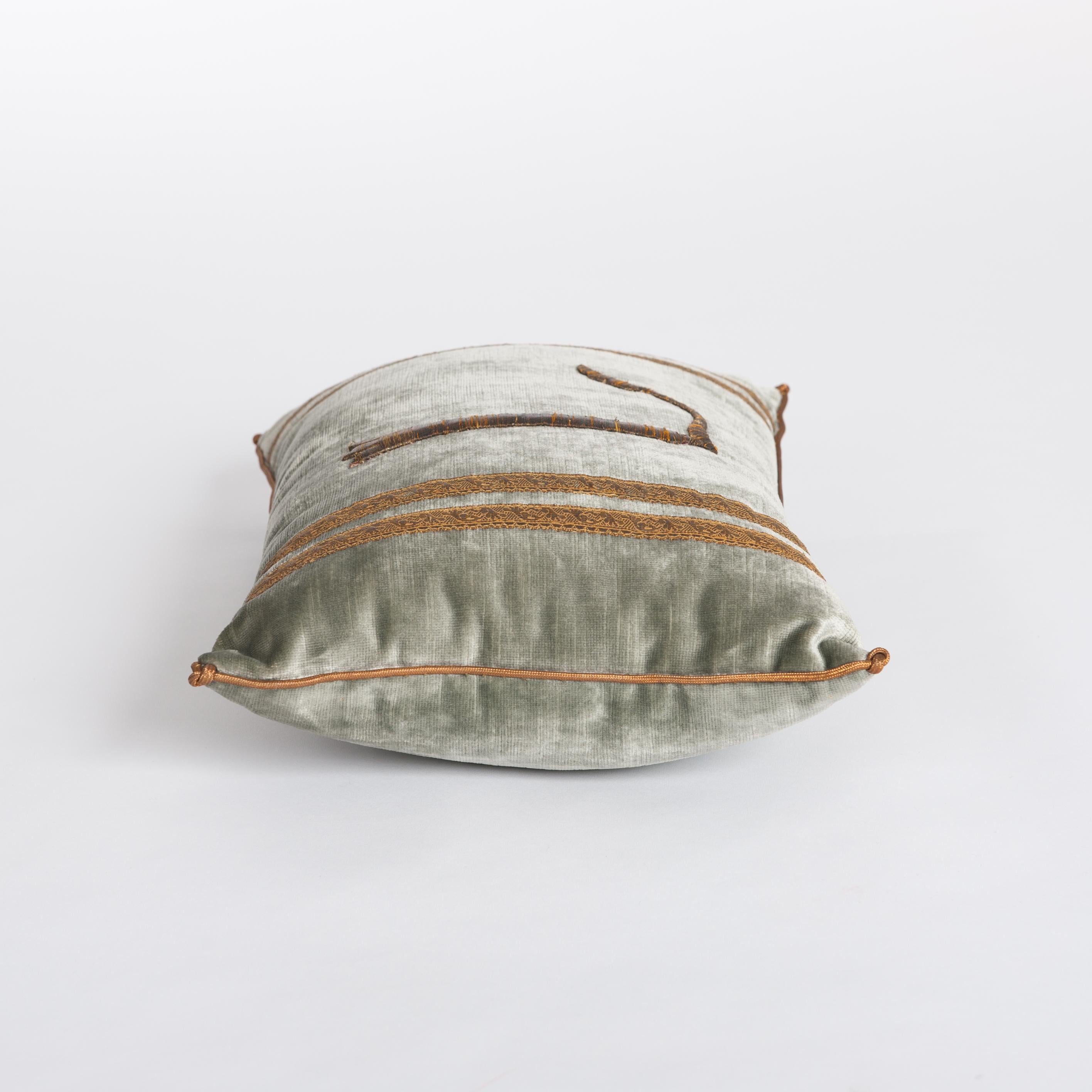 French Pastel Green Colored Velvet Pillow with Antique Metallic Embroidery 19th Century
