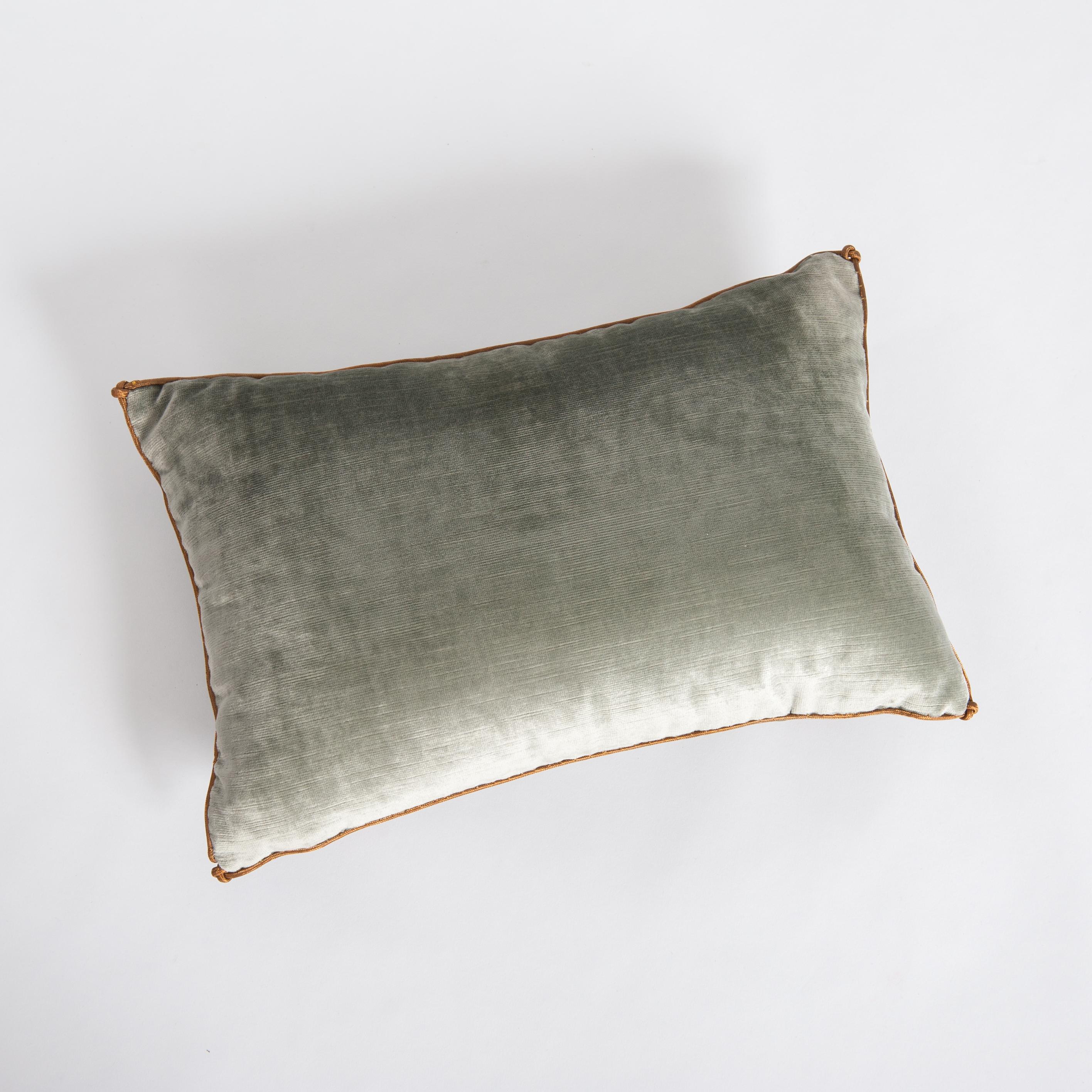 Appliqué Pastel Green Colored Velvet Pillow with Antique Metallic Embroidery 19th Century For Sale