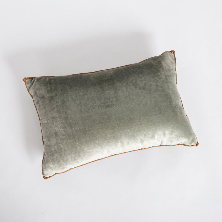 Pastel Green Colored Velvet Pillow with Antique Metallic Embroidery For Sale at 1stDibs