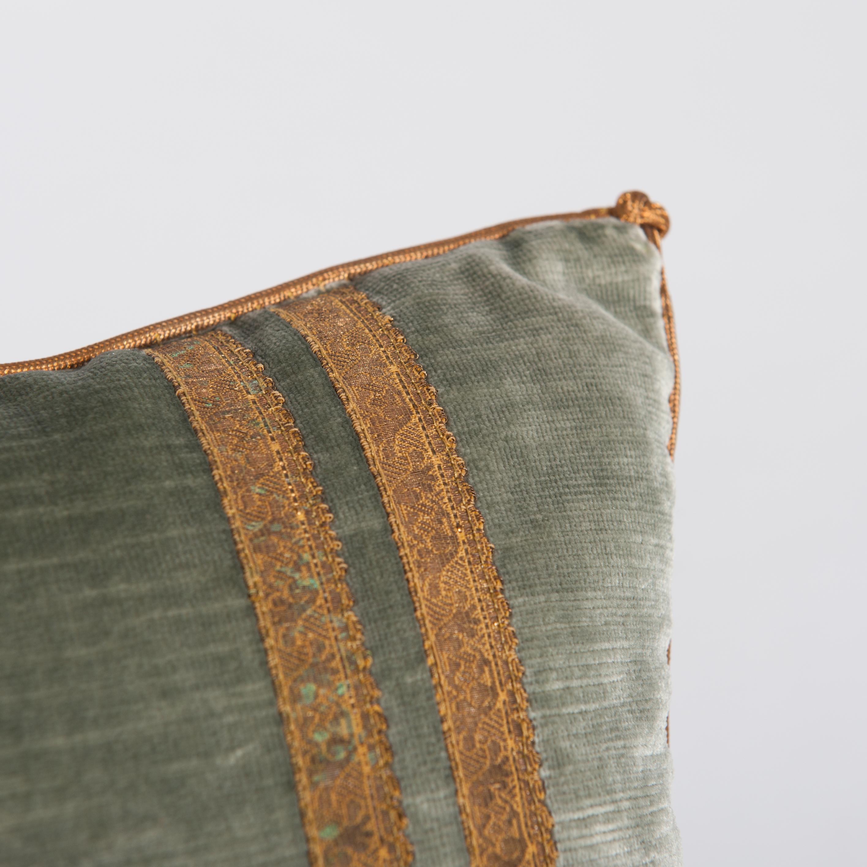 Pastel Green Colored Velvet Pillow with Antique Metallic Embroidery 19th Century For Sale 1