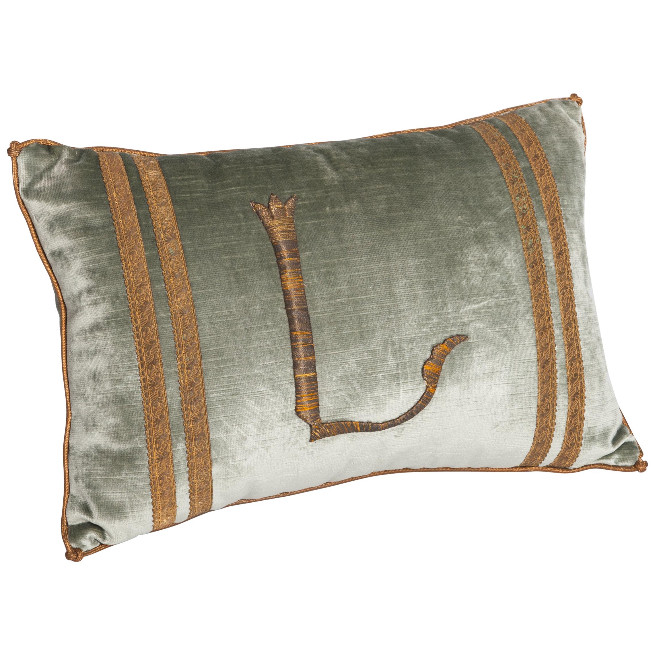 Pastel Green Colored Velvet Pillow with Antique Metallic Embroidery