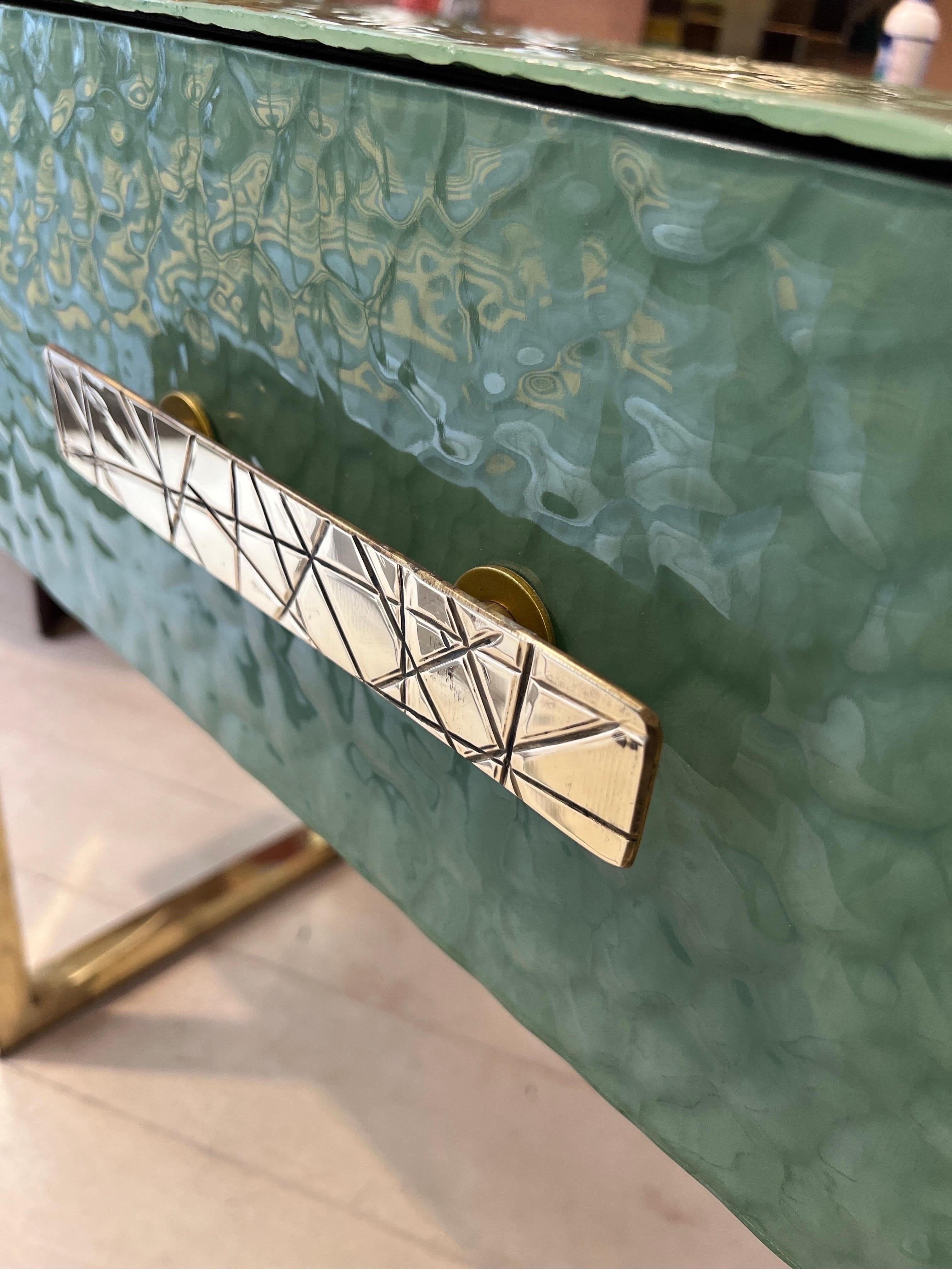 Pastel Green Murano Ashlar Glass and Brass Console Table with Three Drawers 2000 7