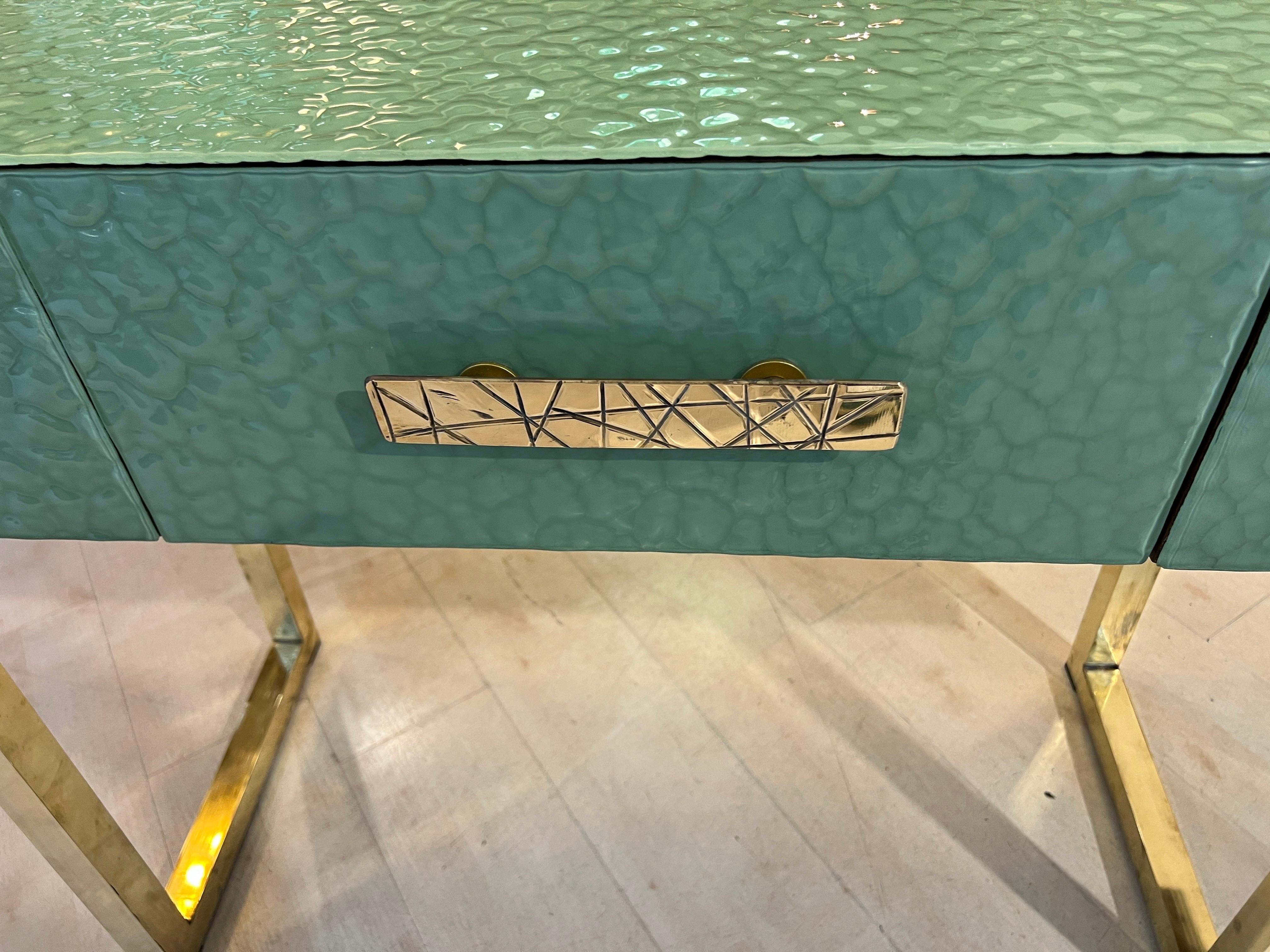 Pastel Green Murano Ashlar Glass and Brass Console Table with Three Drawers 2000 8