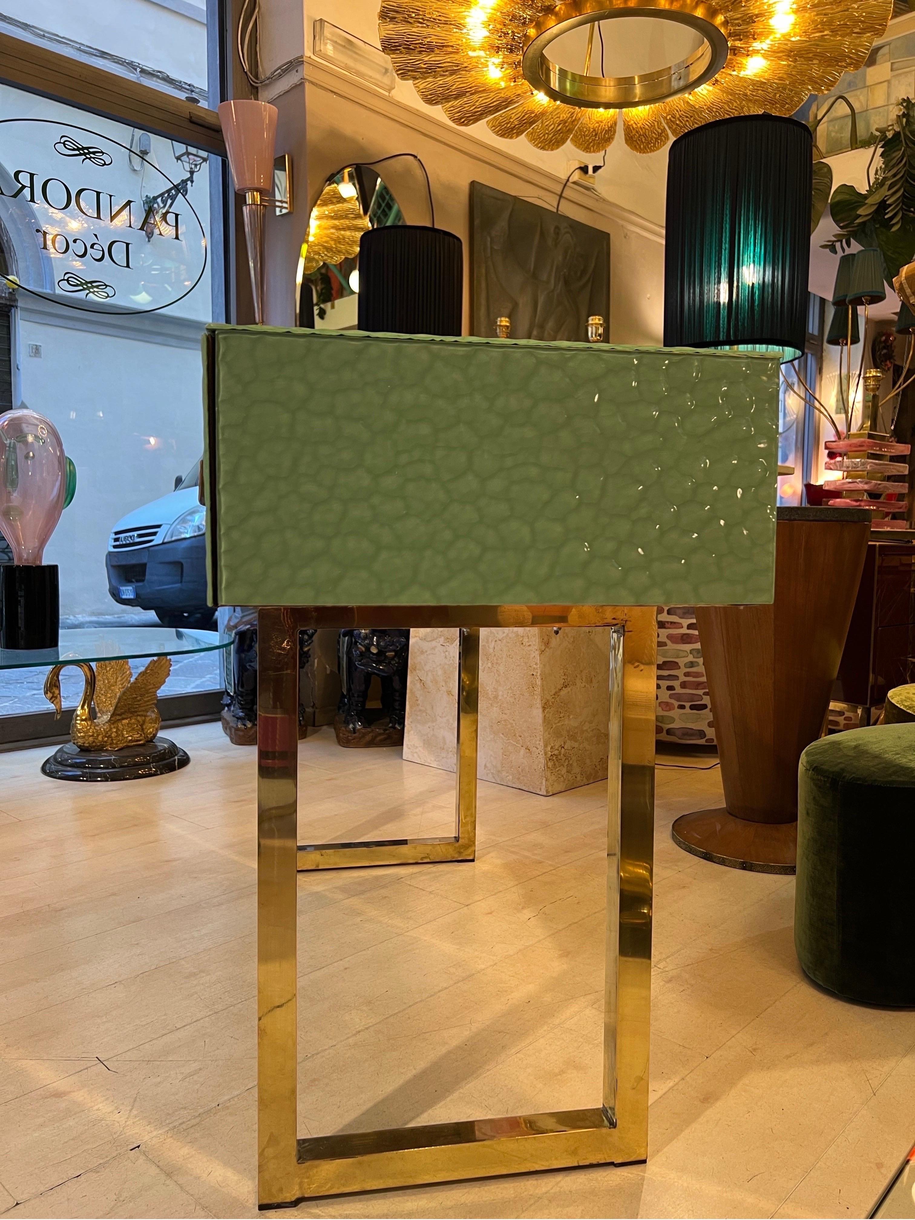 Pastel Green Murano Ashlar Glass and Brass Console Table with Three Drawers 2000 9