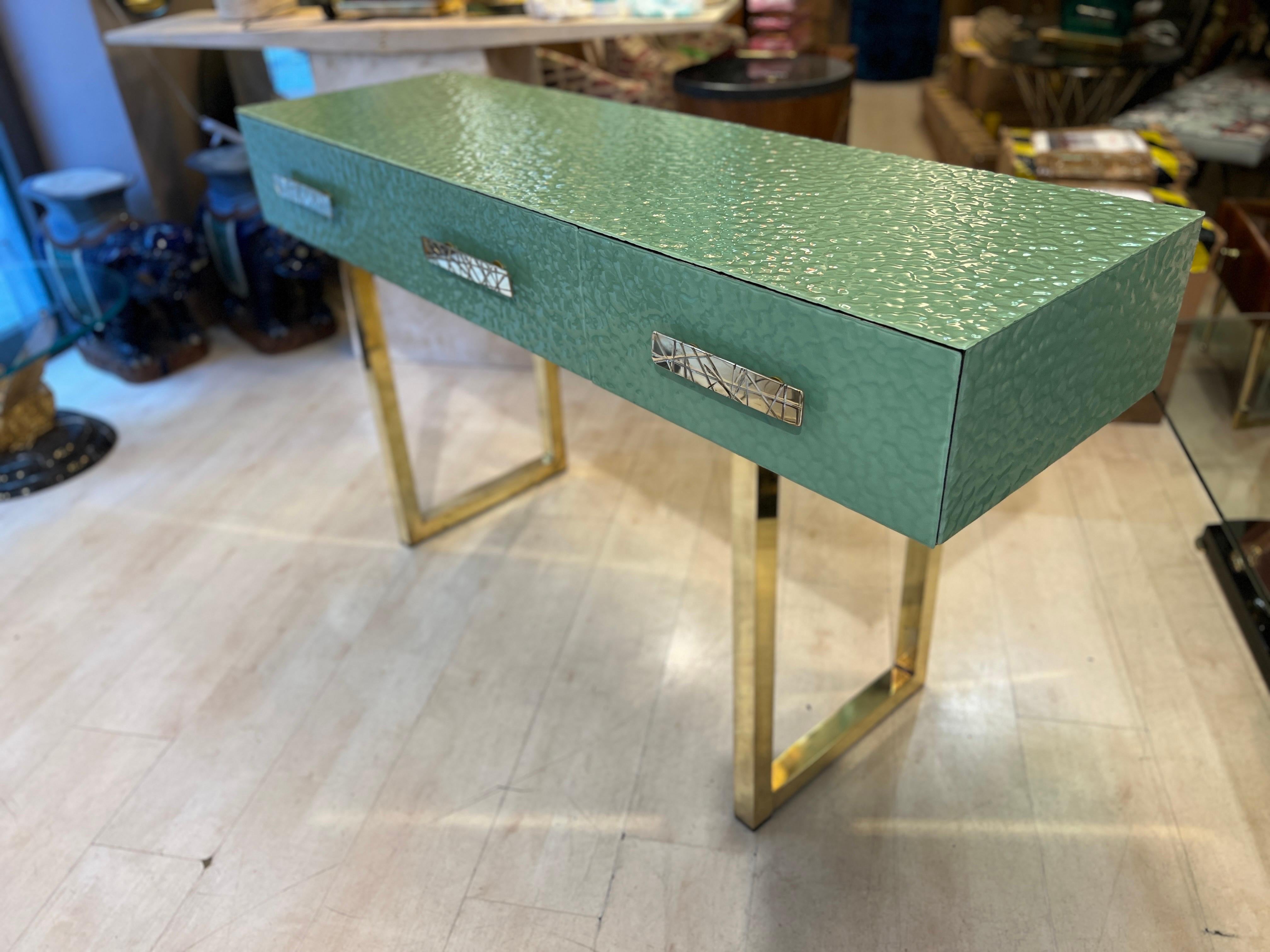 Pastel Green Murano Ashlar Glass and Brass Console Table with Three Drawers 2000 11