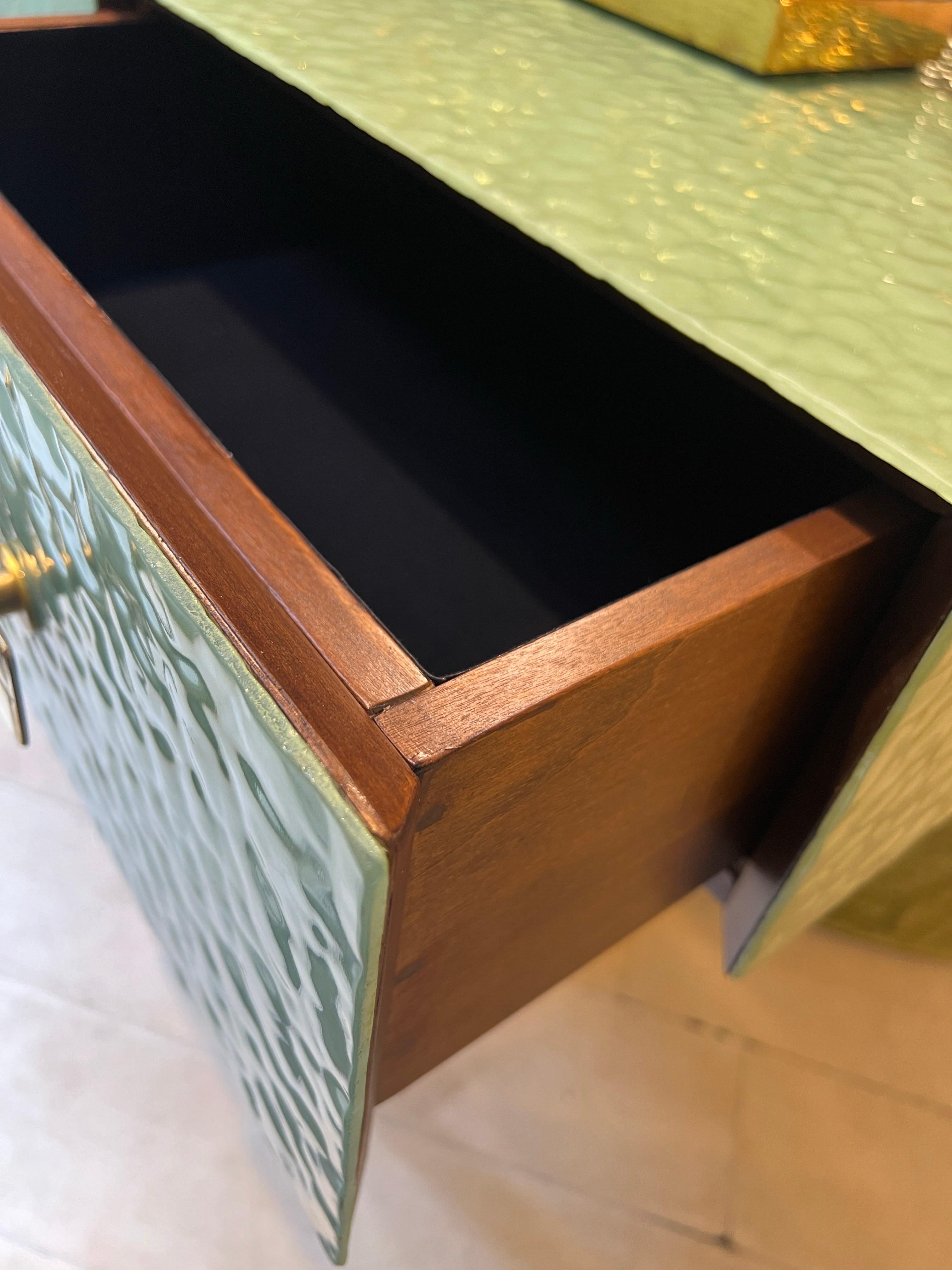 Pastel Green Murano Ashlar Glass and Brass Console Table with Three Drawers 2000 13