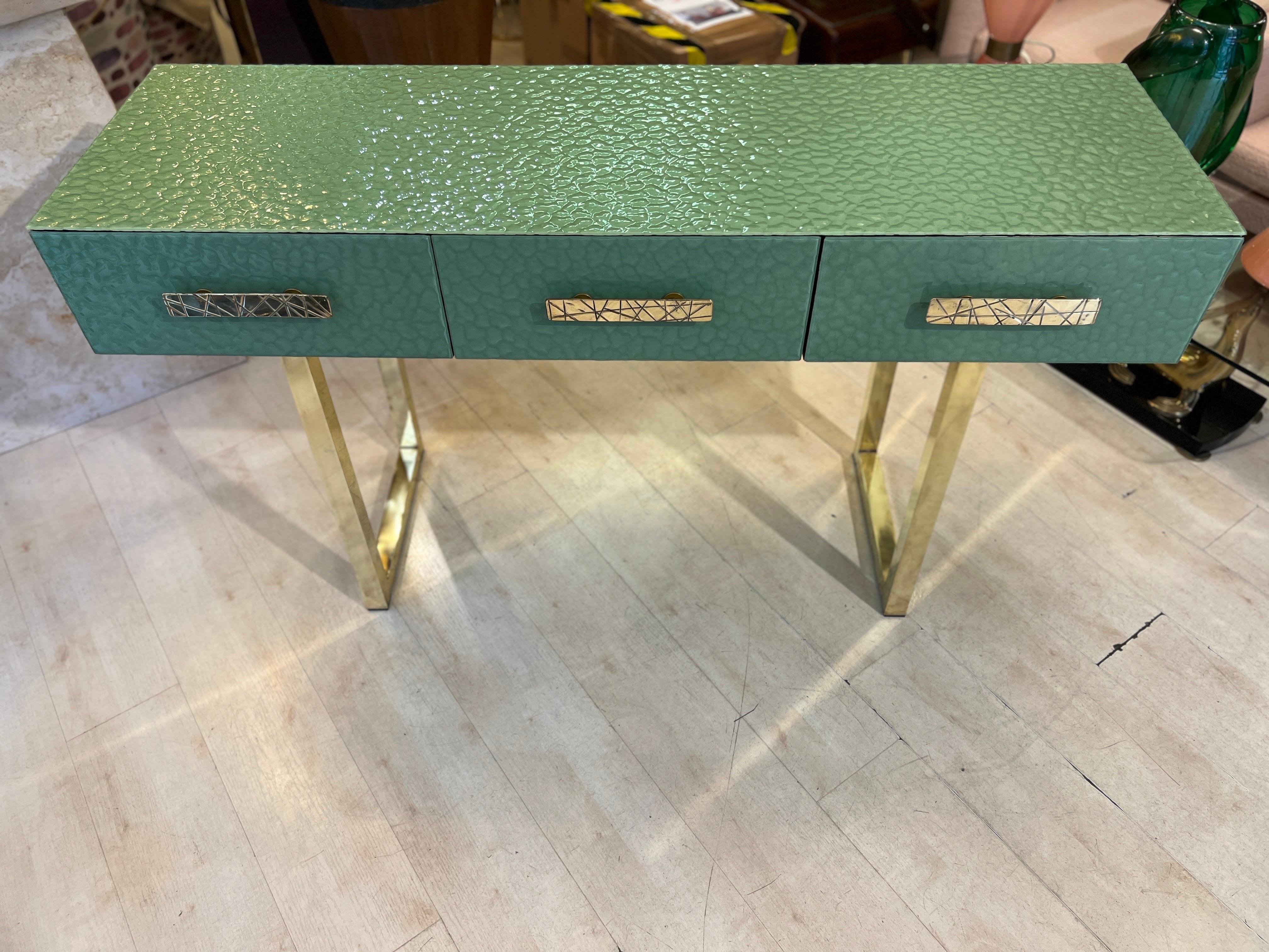 Modern Pastel Green Murano Ashlar Glass and Brass Console Table with Three Drawers 2000