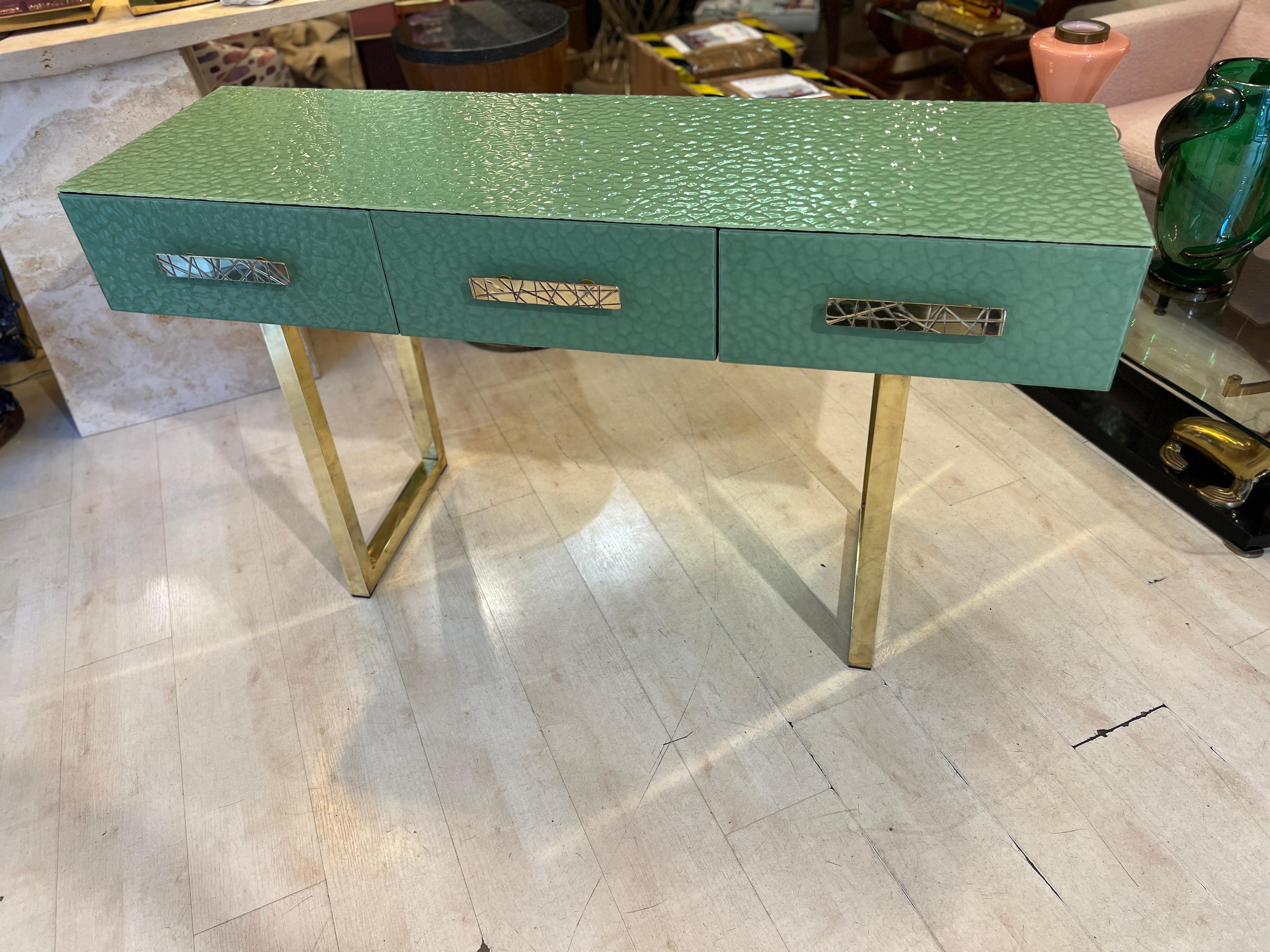 Italian Pastel Green Murano Ashlar Glass and Brass Console Table with Three Drawers 2000