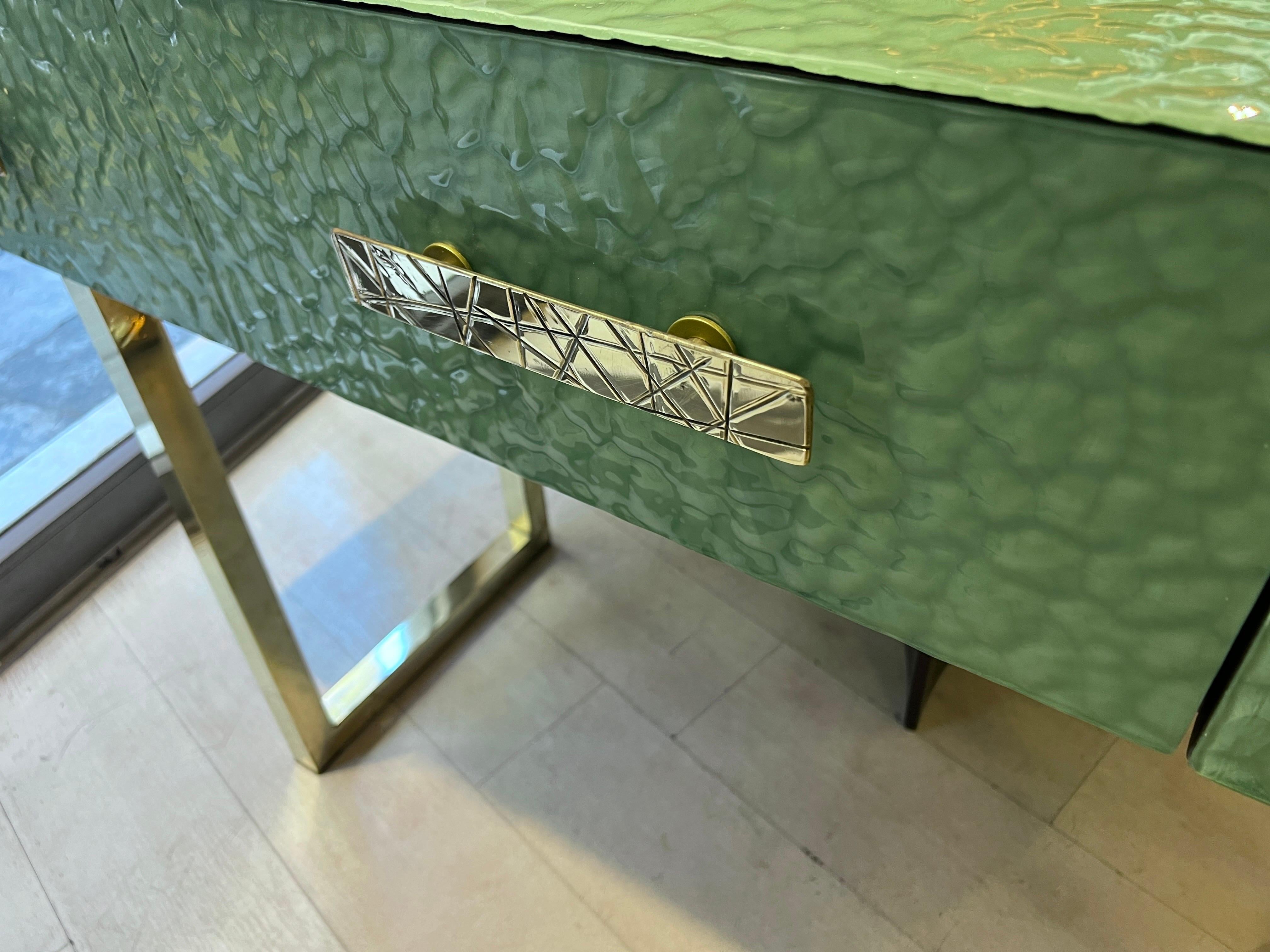 Pastel Green Murano Ashlar Glass and Brass Console Table with Three Drawers 2000 In Good Condition In Florence, IT