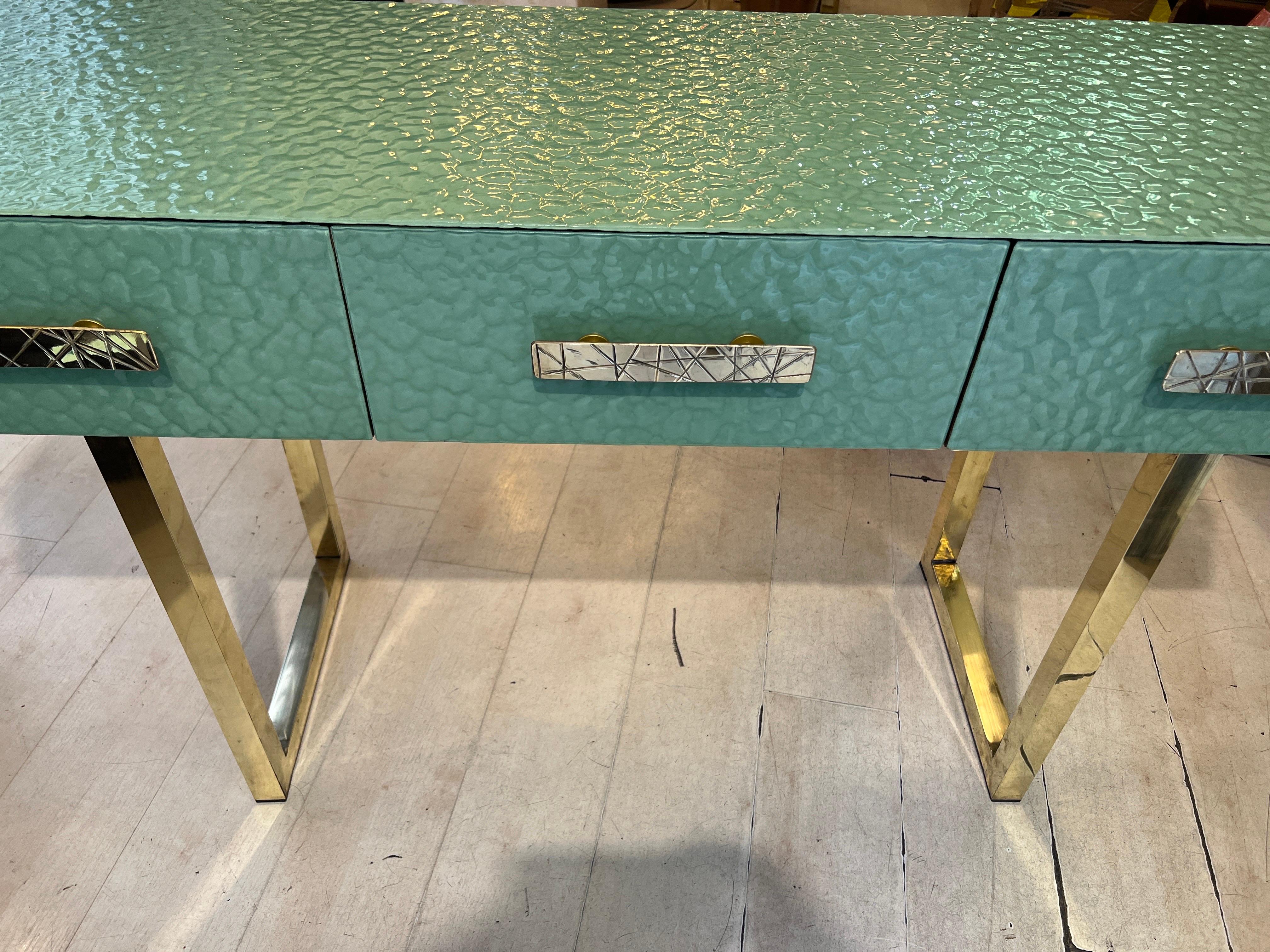 Contemporary Pastel Green Murano Ashlar Glass and Brass Console Table with Three Drawers 2000