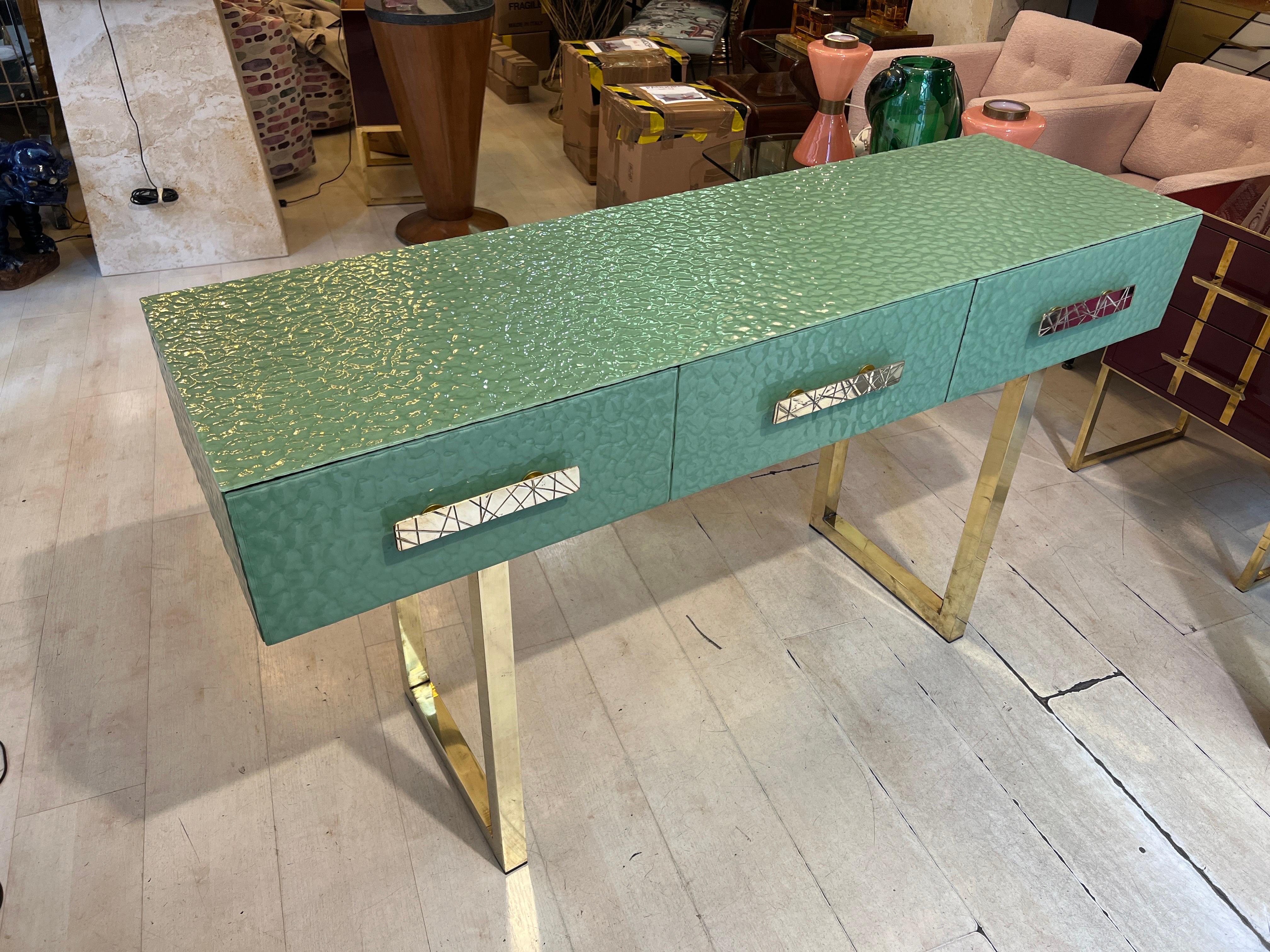 Pastel Green Murano Ashlar Glass and Brass Console Table with Three Drawers 2000 1