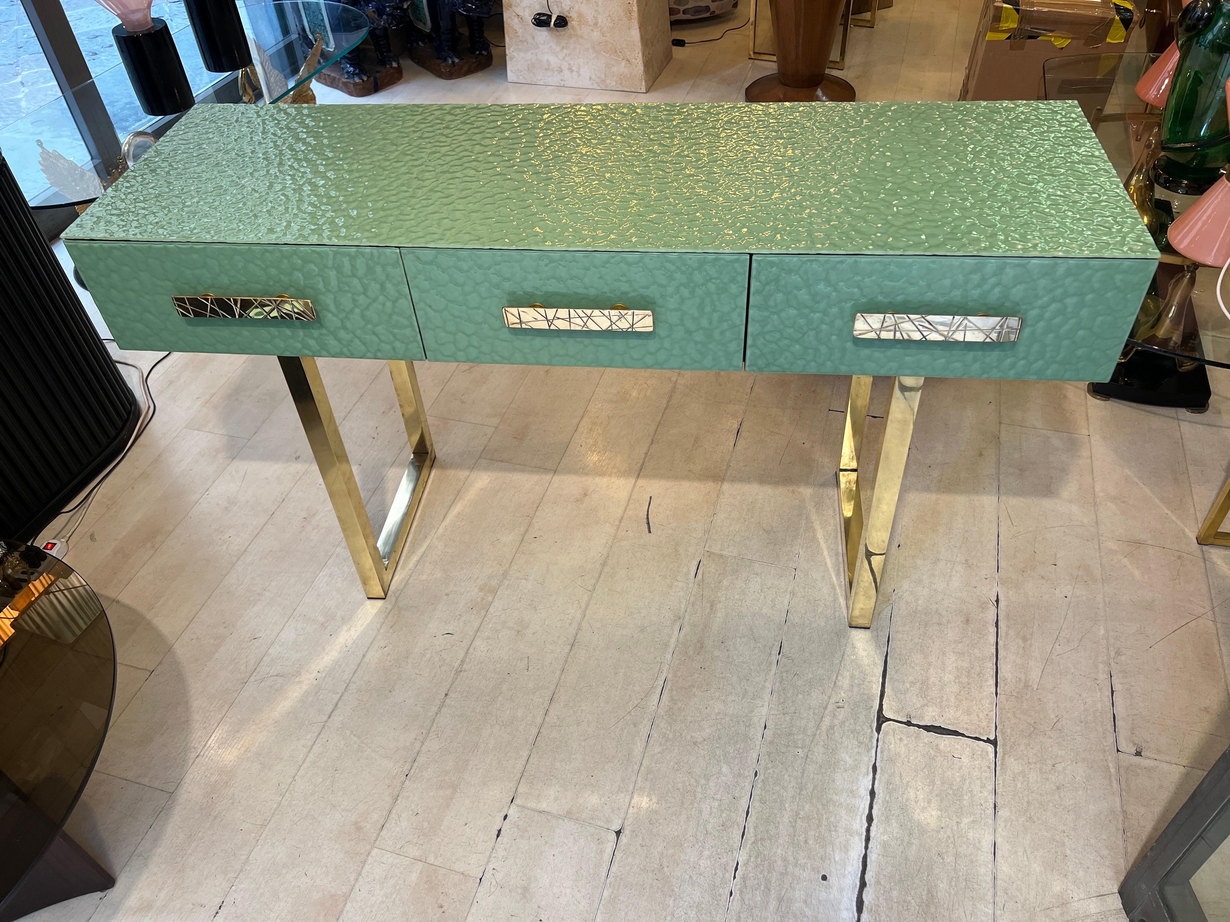 Pastel Green Murano Ashlar Glass and Brass Console Table with Three Drawers 2000 2