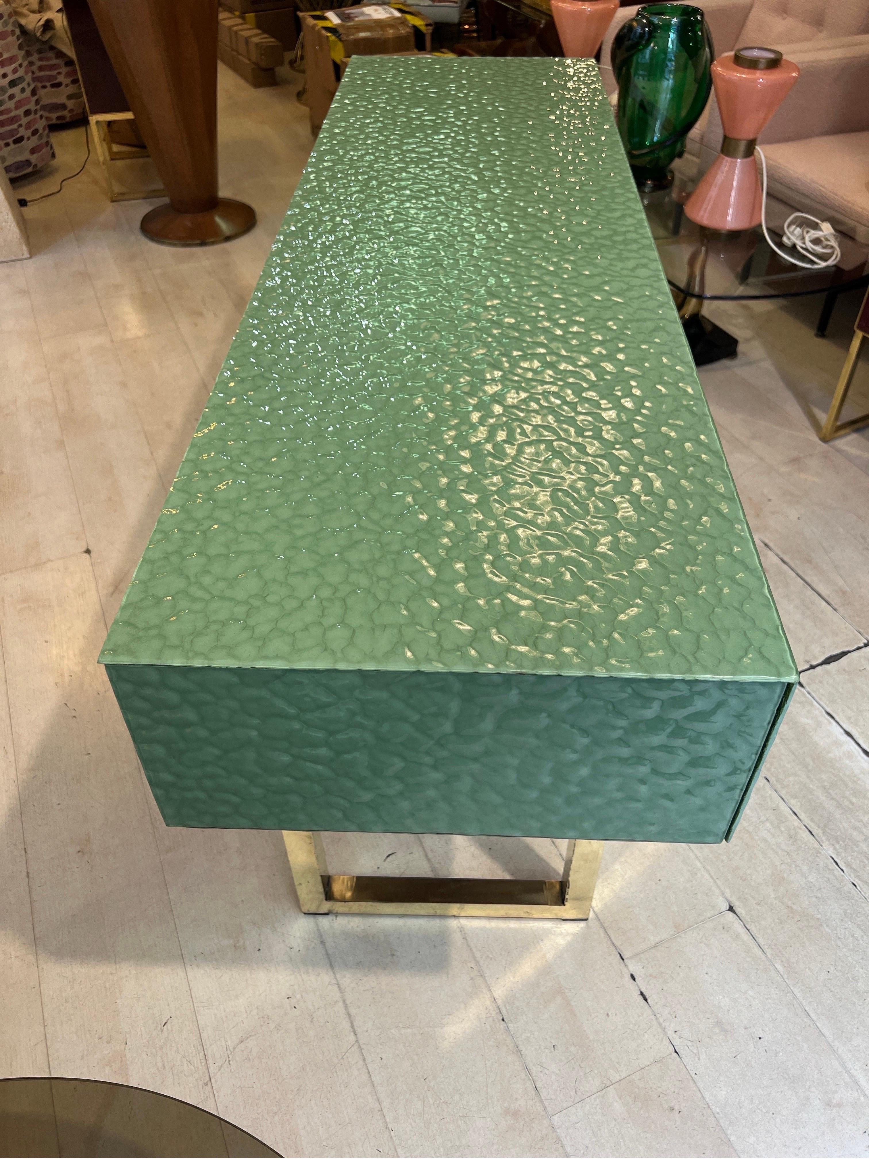 Pastel Green Murano Ashlar Glass and Brass Console Table with Three Drawers 2000 3