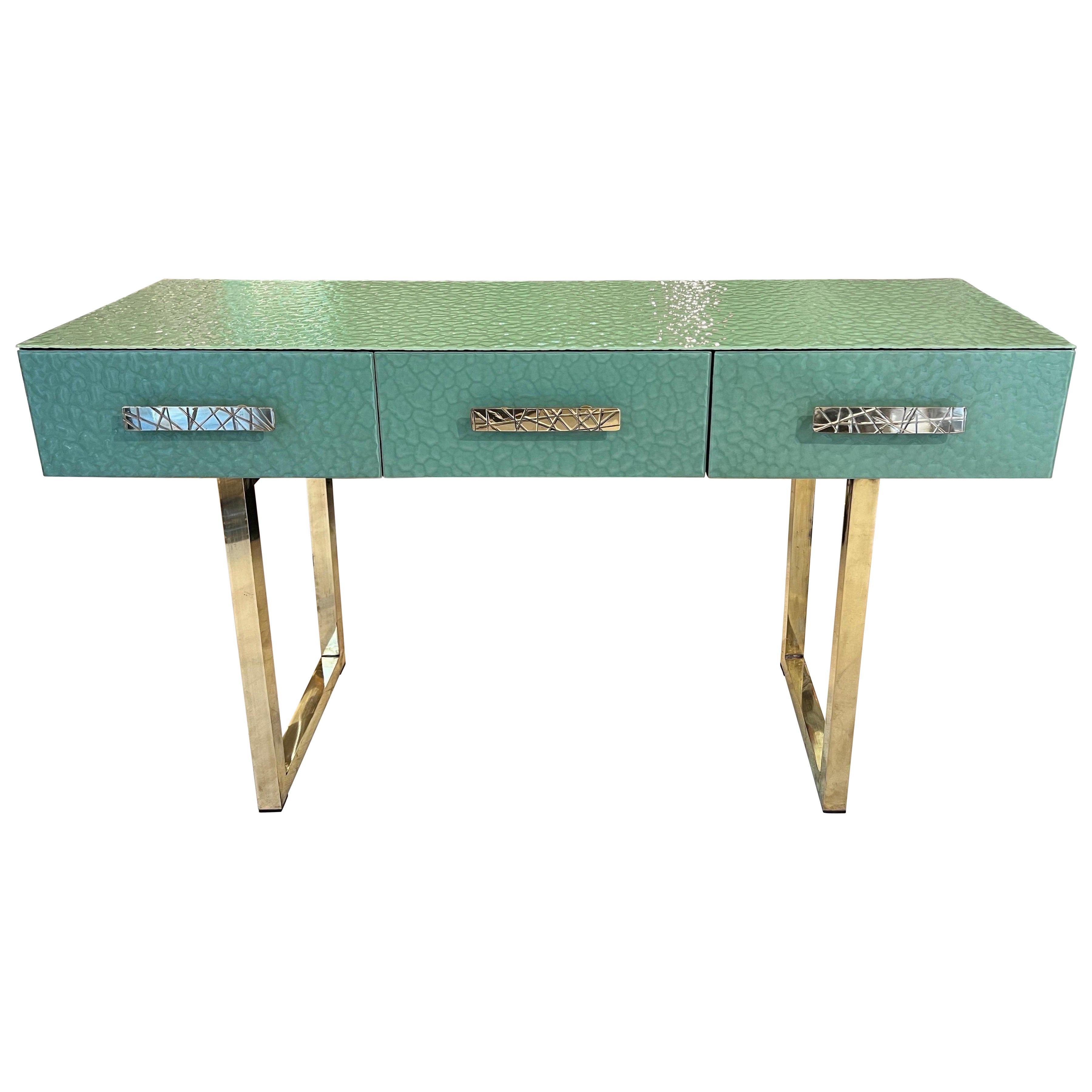 Pastel Green Murano Ashlar Glass and Brass Console Table with Three Drawers 2000