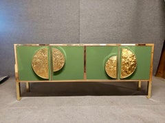Pastel Green Opaline Glass Credenza with Hammered Brass Handles by Pandora Decor