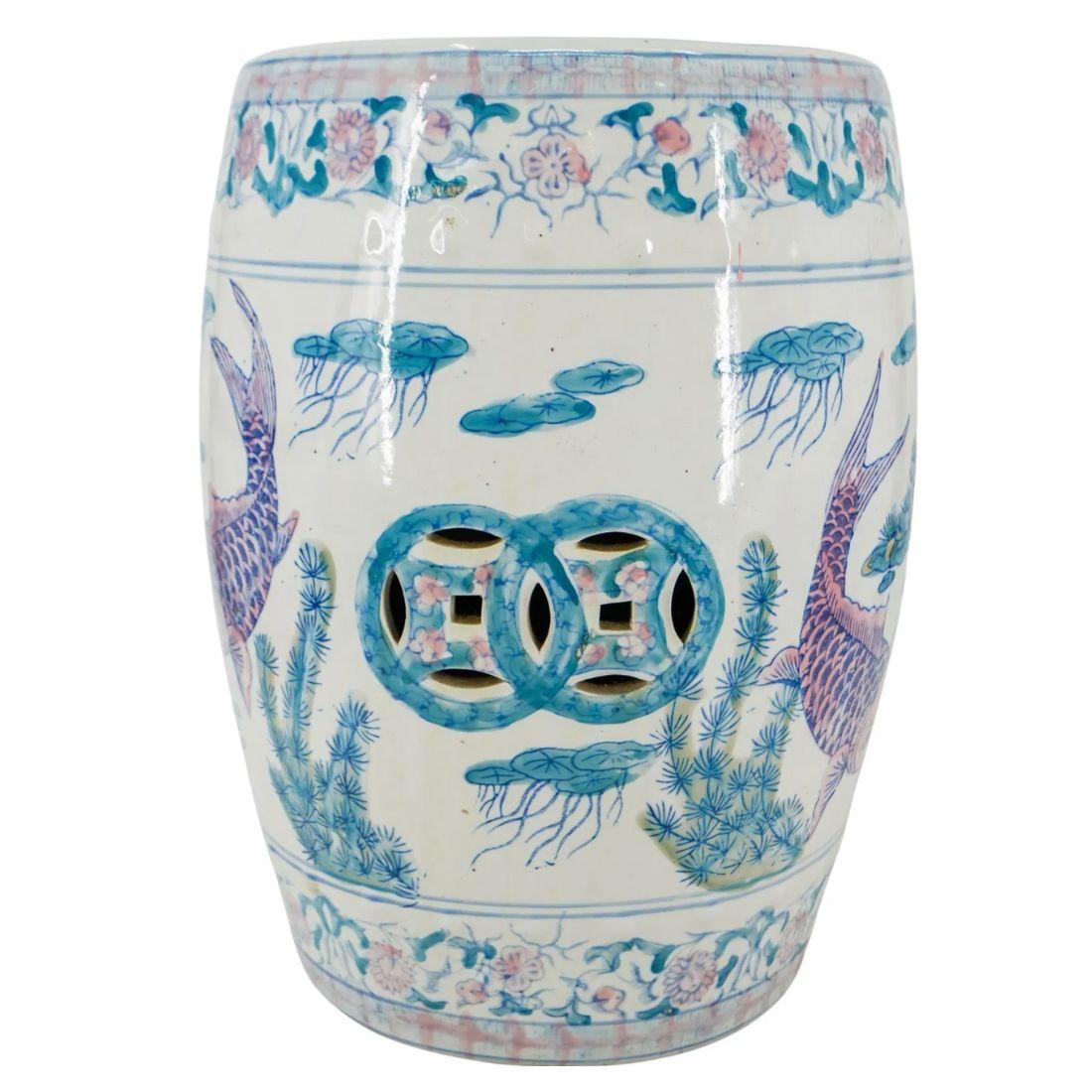 Chinoiserie Pastel Koi Chinese Garden Stool
